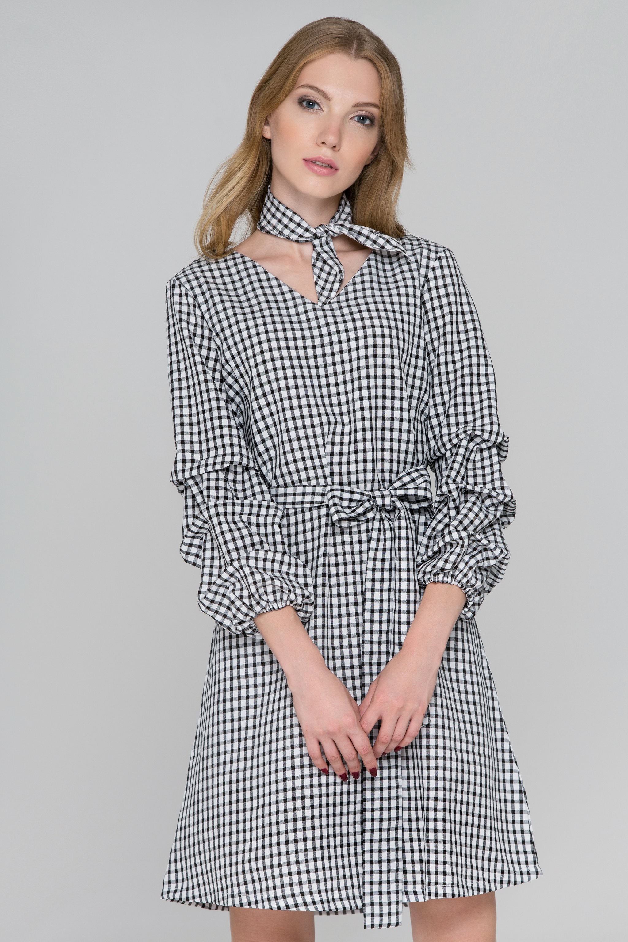 Black Gingham Puff Sleeves Midi Dress - ownthelooks-Development