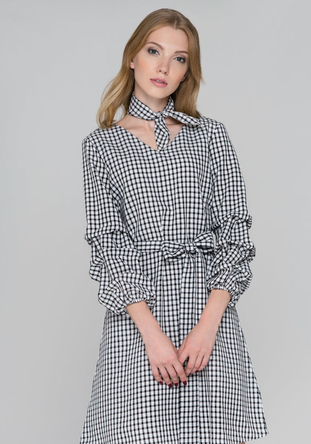 Black Gingham Puff Sleeves Midi Dress - ownthelooks-Development