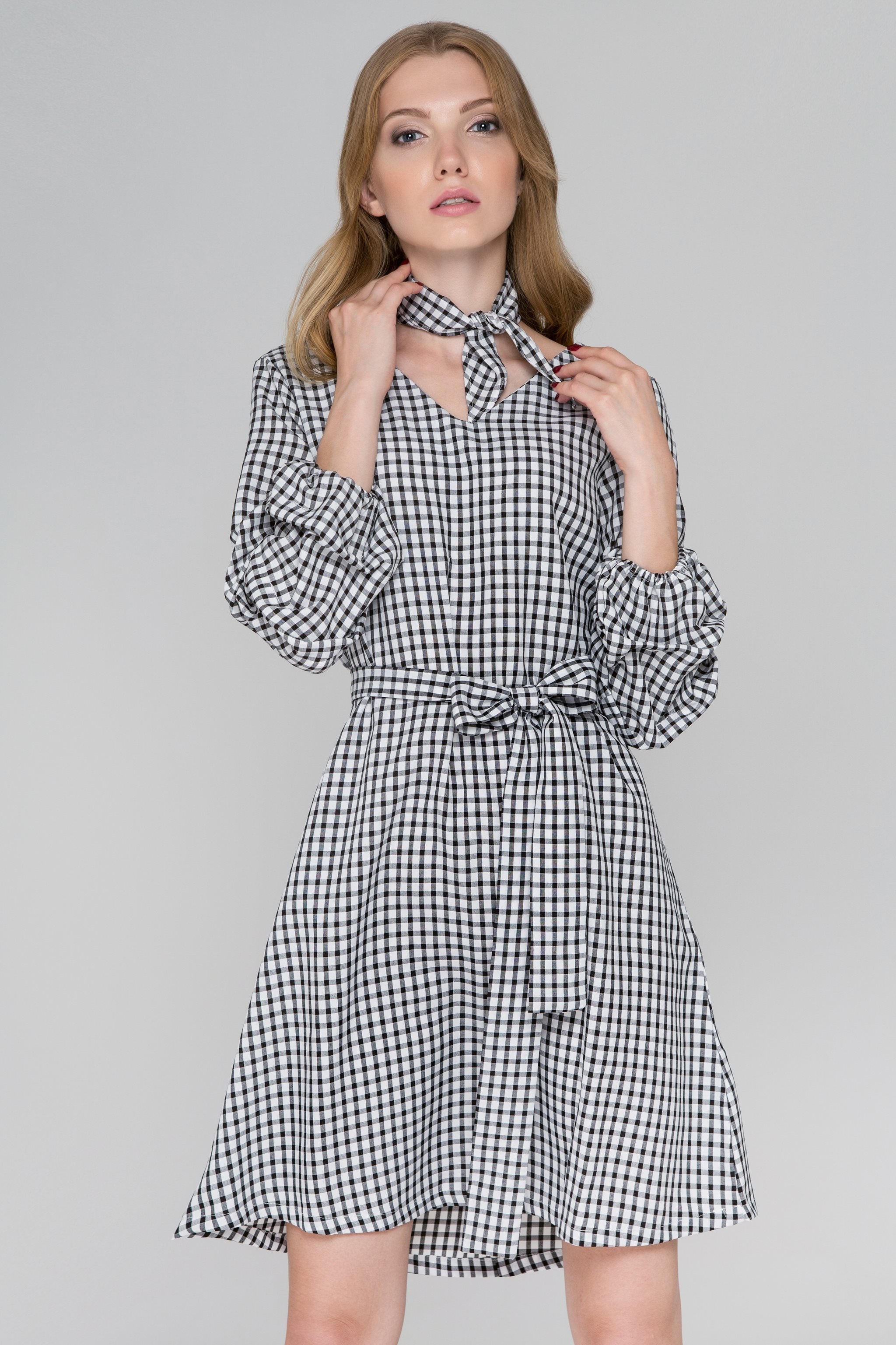 Black Gingham Puff Sleeves Midi Dress - ownthelooks-Development