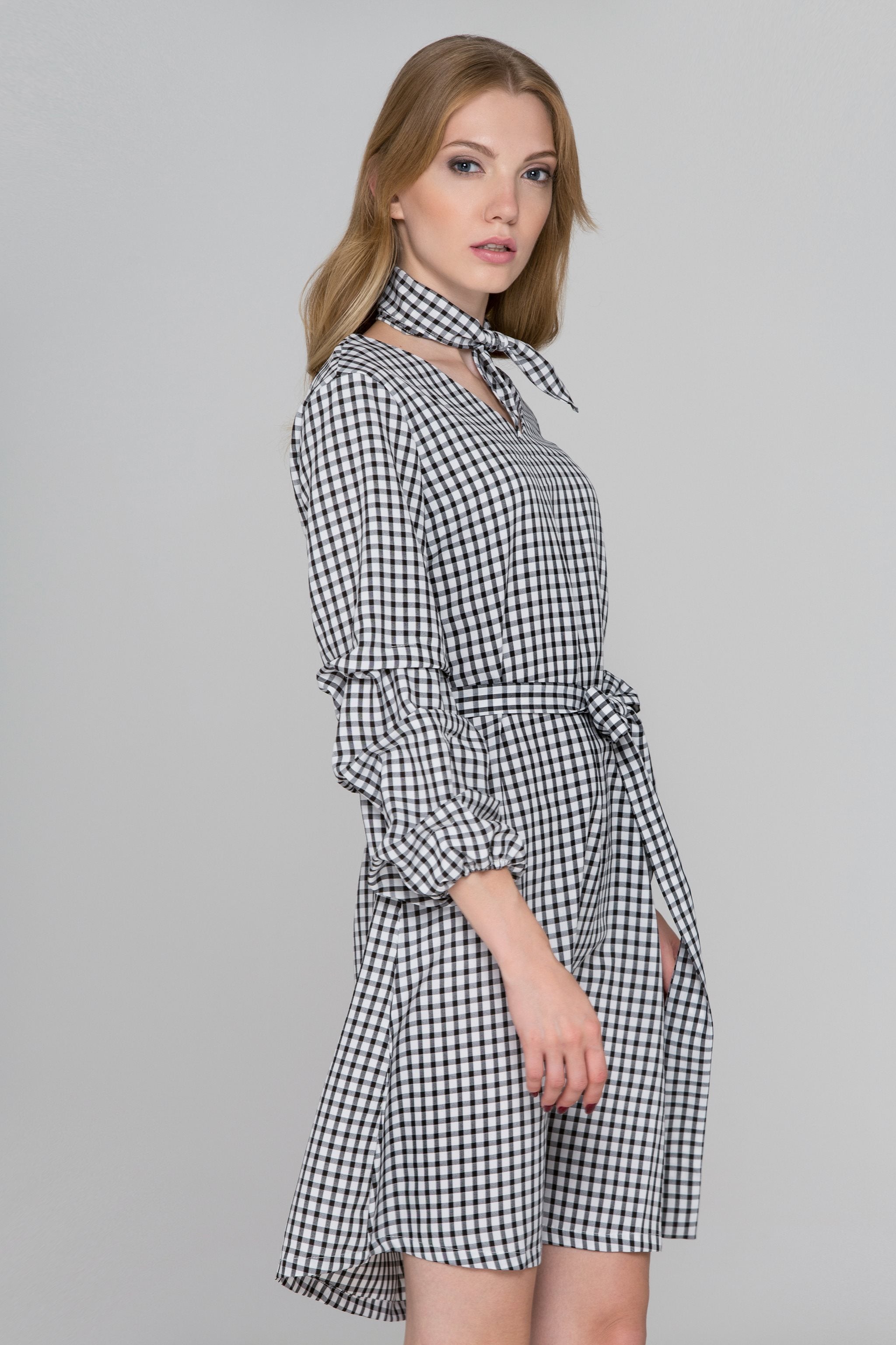 Black Gingham Puff Sleeves Midi Dress - ownthelooks-Development