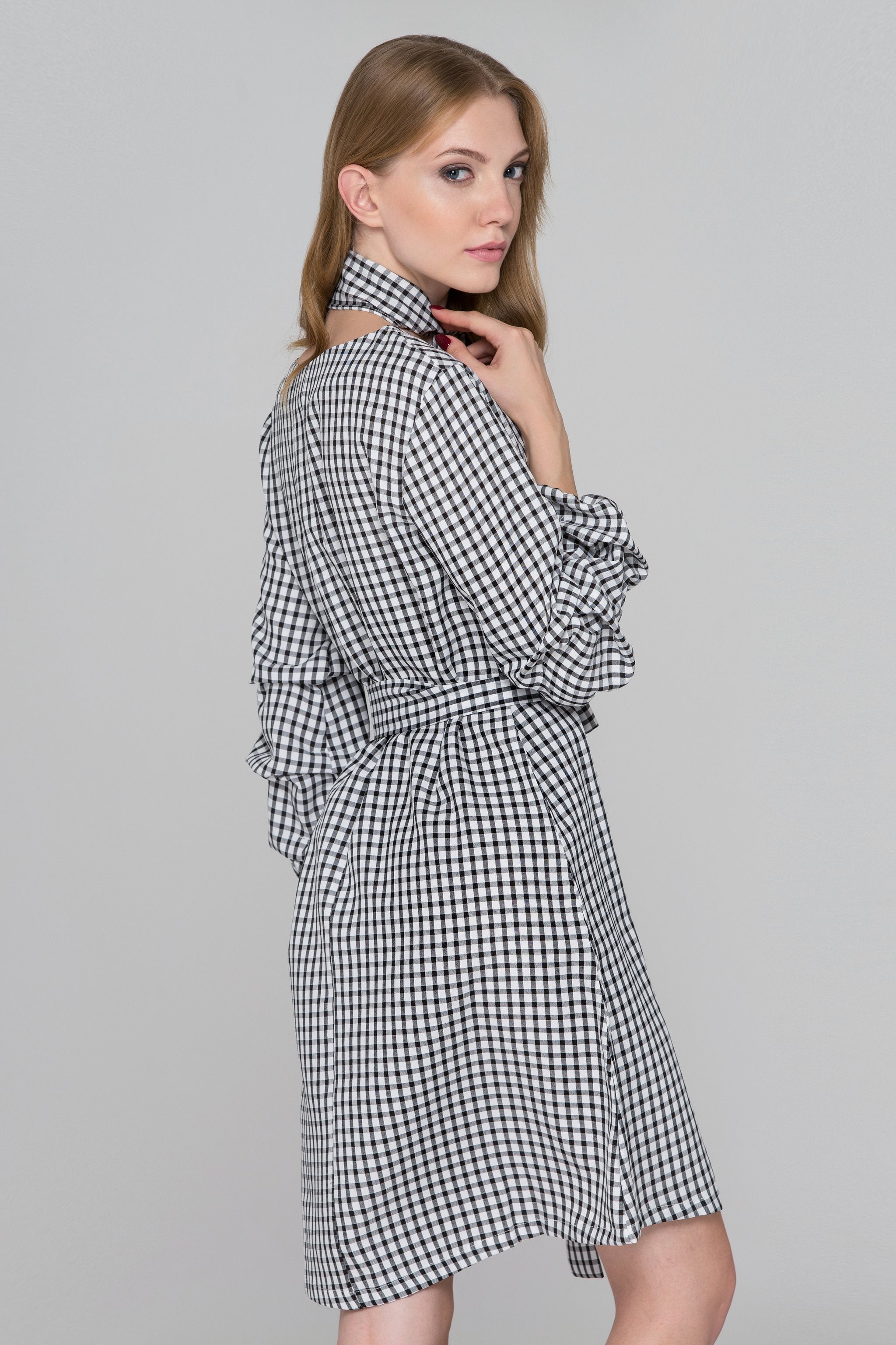 Black Gingham Puff Sleeves Midi Dress - ownthelooks-Development
