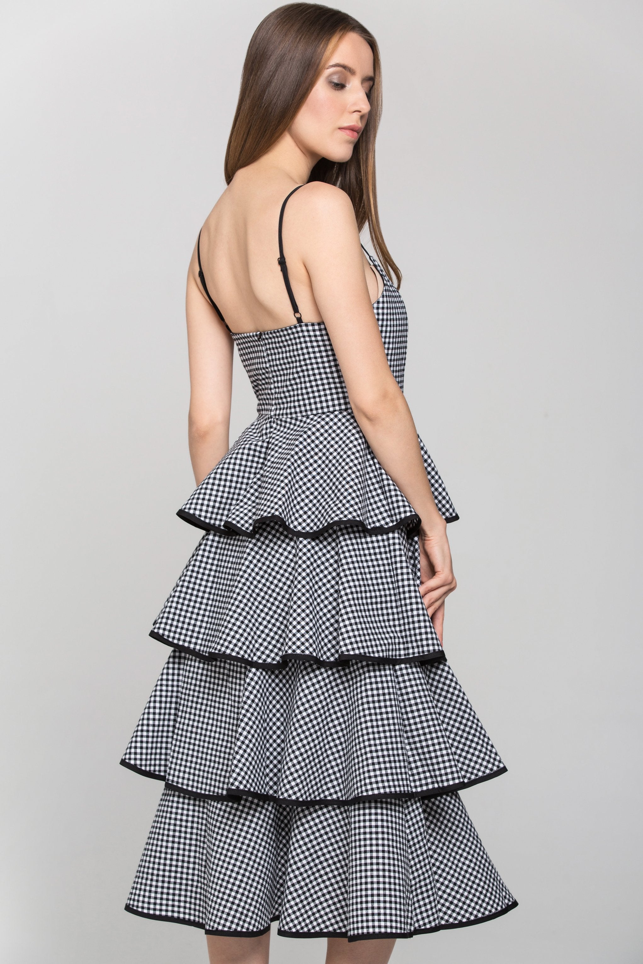 Black Gingham Tiered Skirt Midi Dress - ownthelooks-Development