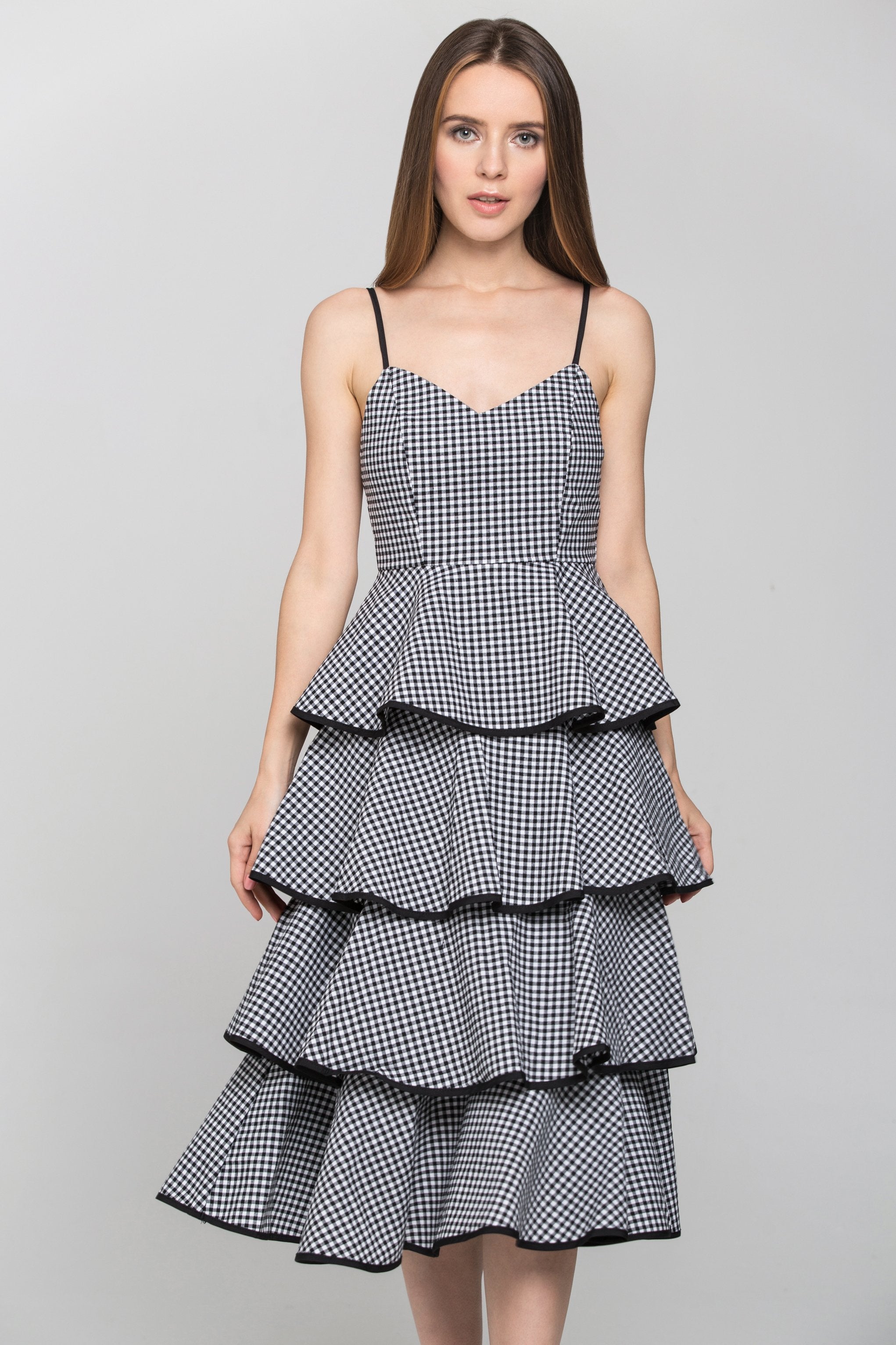 Black Gingham Tiered Skirt Midi Dress - ownthelooks-Development