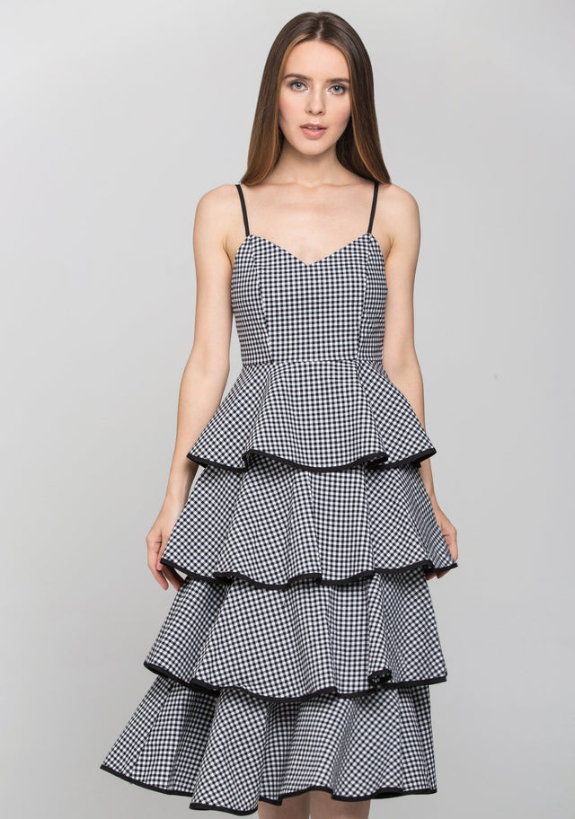 Black Gingham Tiered Skirt Midi Dress - ownthelooks-Development
