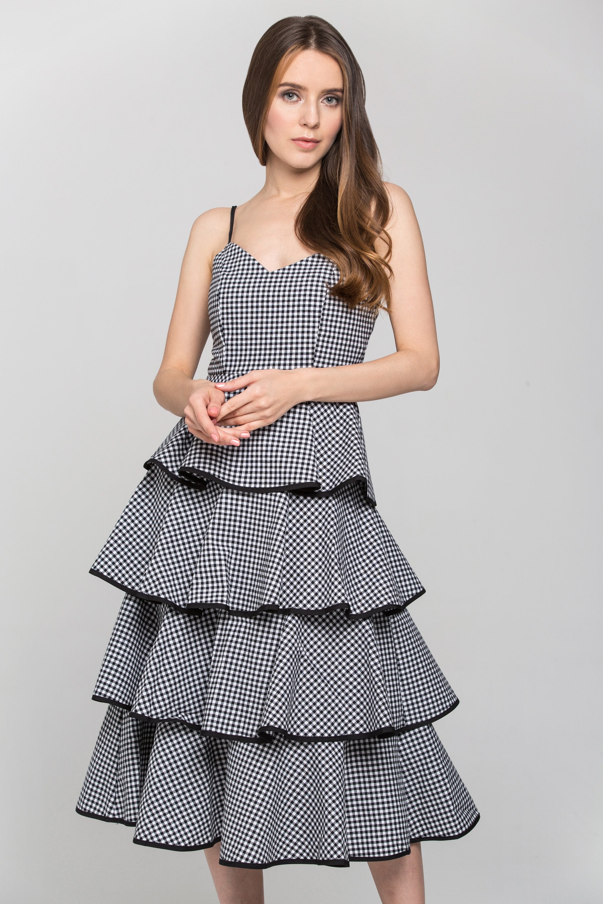Black Gingham Tiered Skirt Midi Dress - ownthelooks-Development
