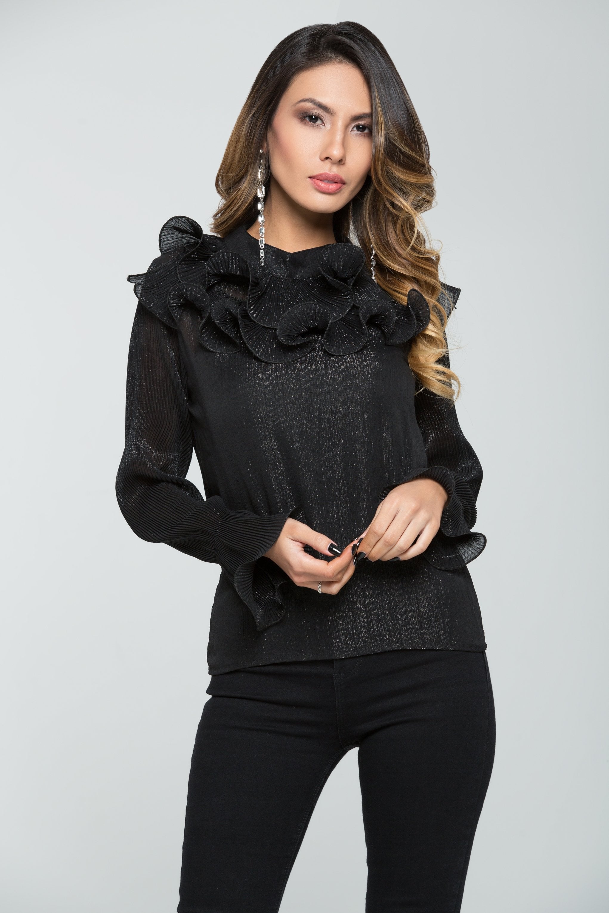 Black Glimmer Ruffled Top - ownthelooks-Development