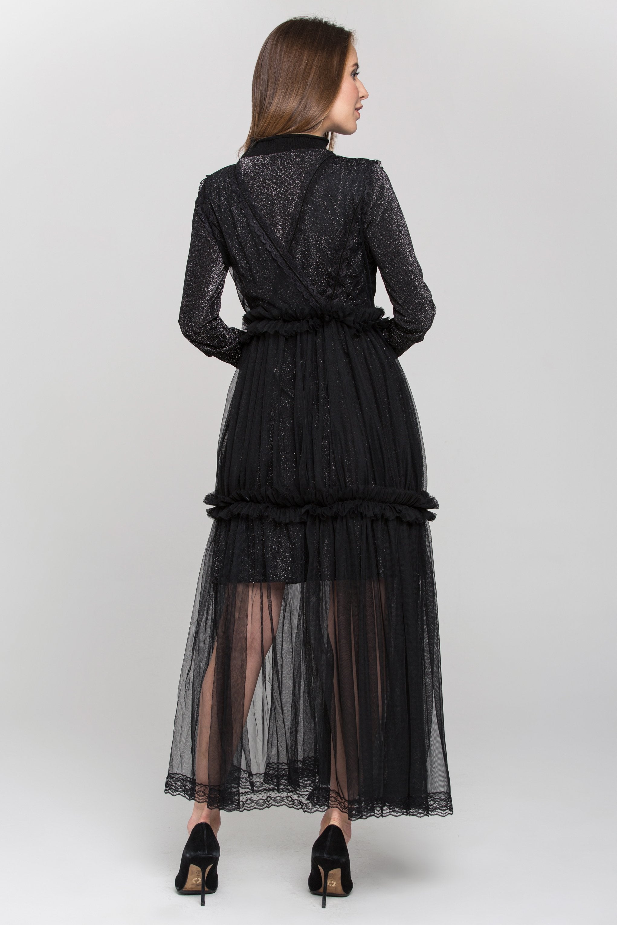 Black Glitter Lace Tiered Soft Tulle Midi Dress - ownthelooks-Development