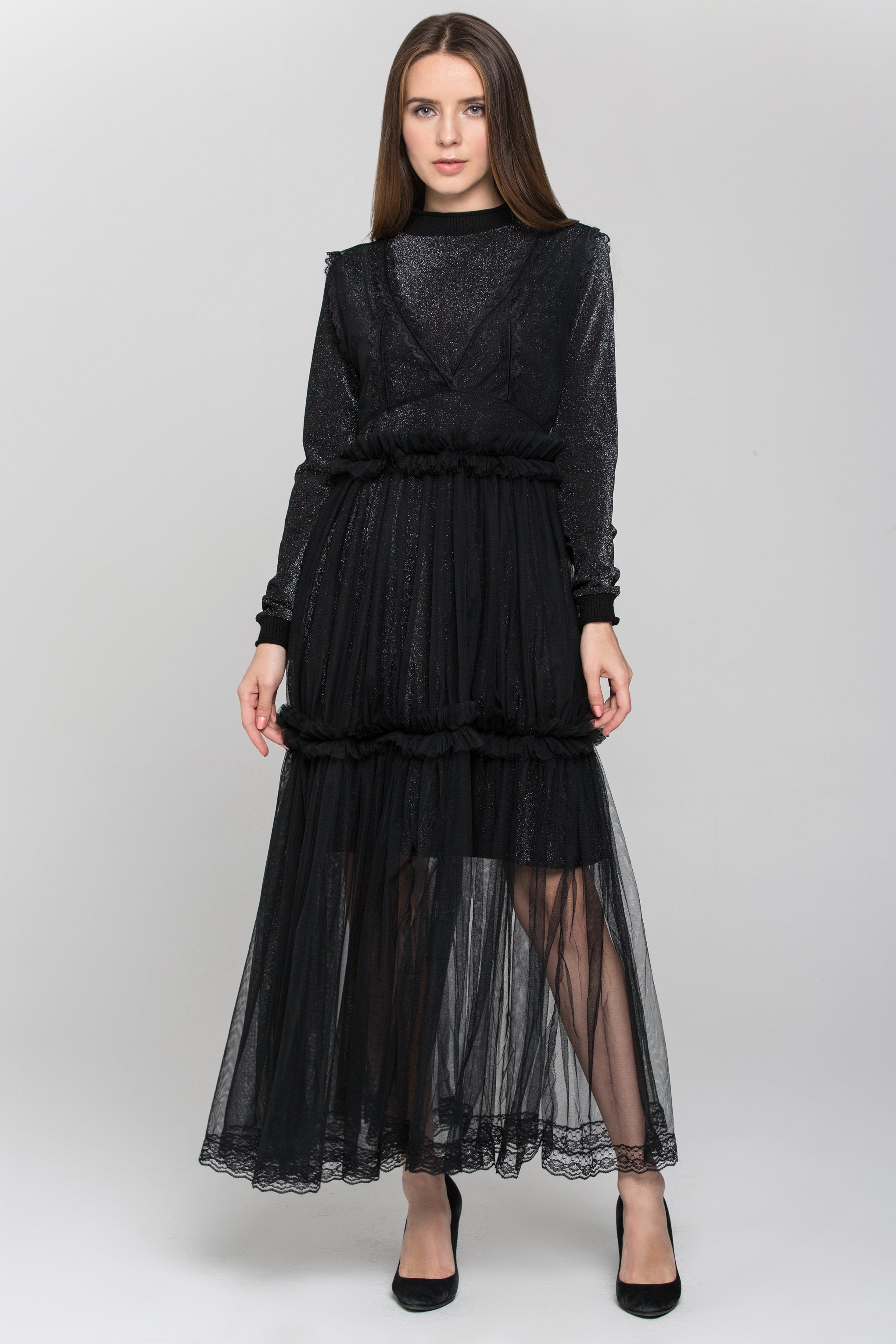 Black Glitter Lace Tiered Soft Tulle Midi Dress - ownthelooks-Development