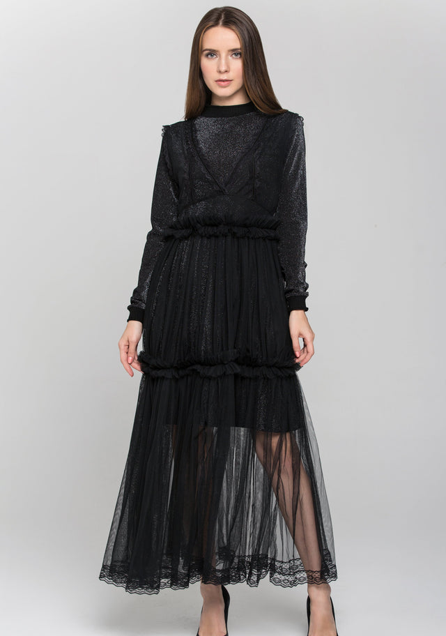 Black Glitter Lace Tiered Soft Tulle Midi Dress - ownthelooks-Development