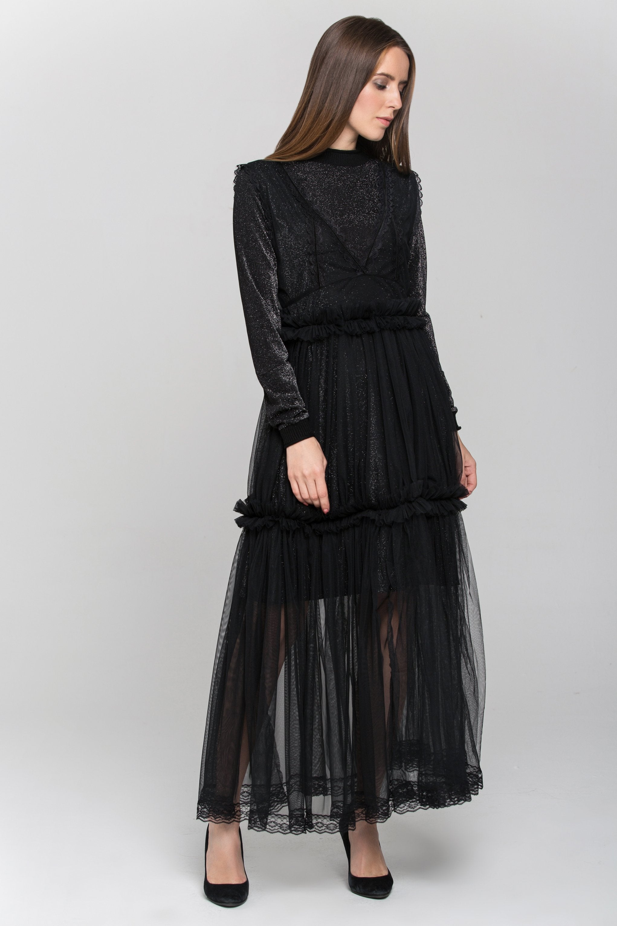 Black Glitter Lace Tiered Soft Tulle Midi Dress - ownthelooks-Development