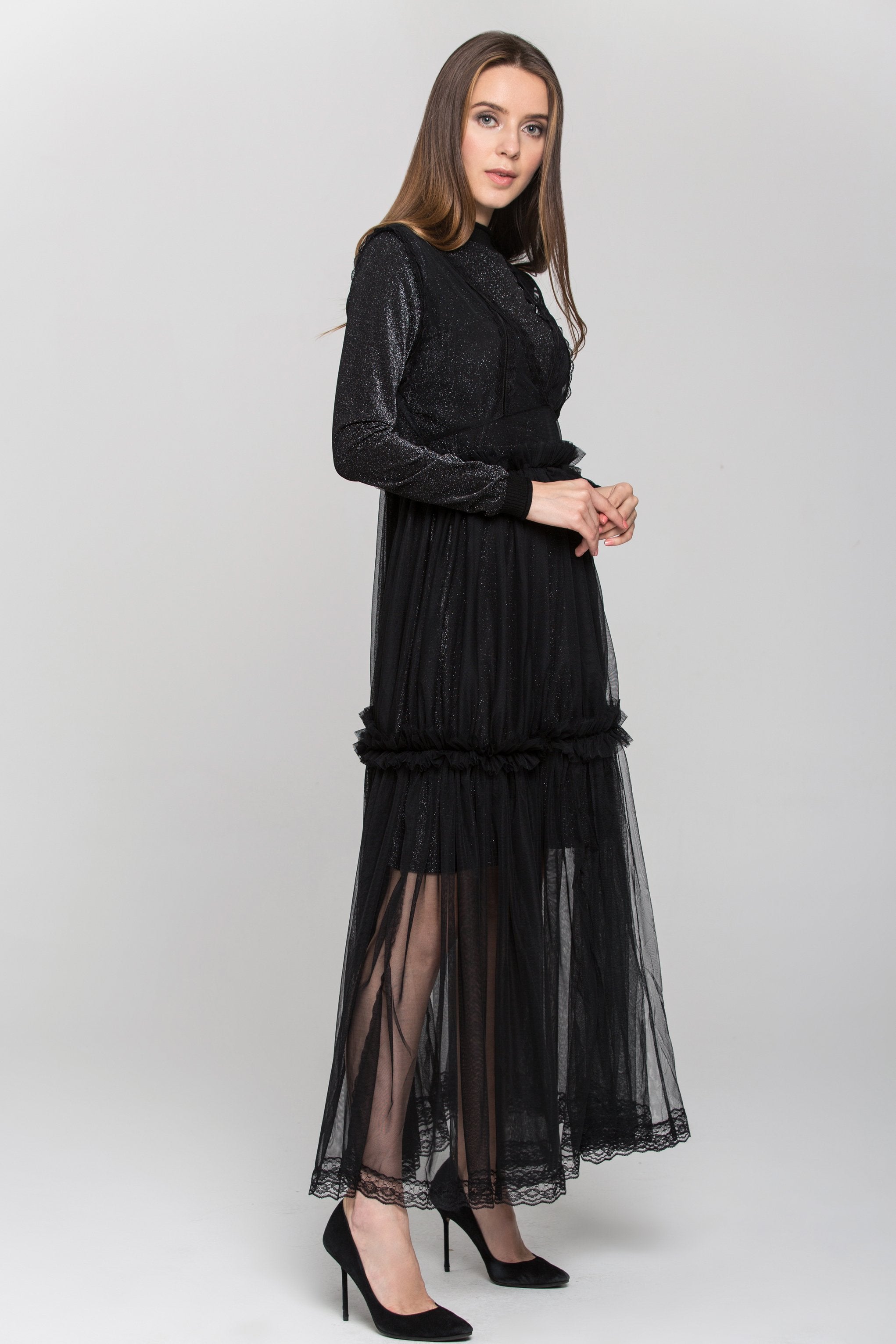 Black Glitter Lace Tiered Soft Tulle Midi Dress - ownthelooks-Development