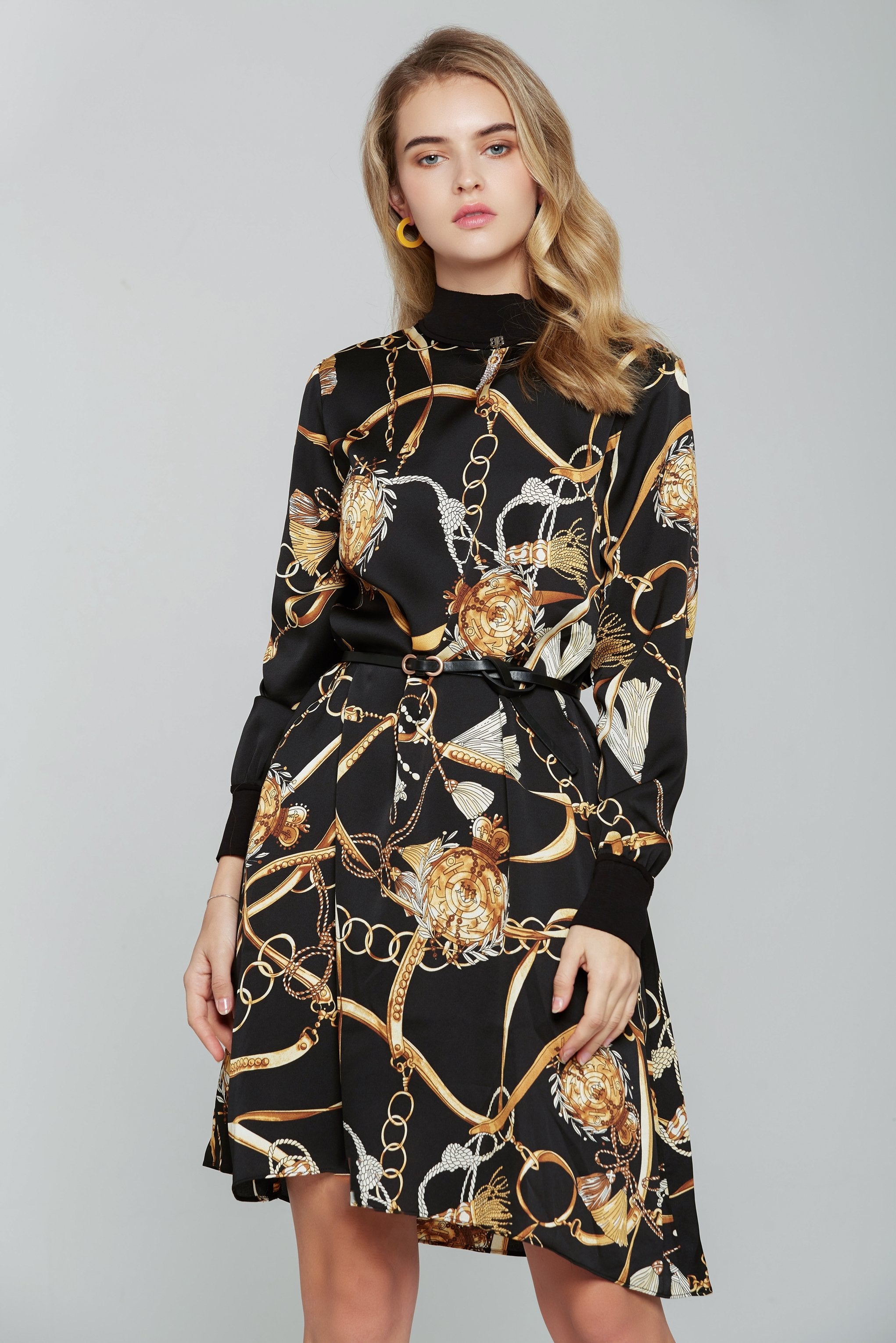 Black Gold and Silver Royal Print Long Top with Belt - ownthelooks-Development