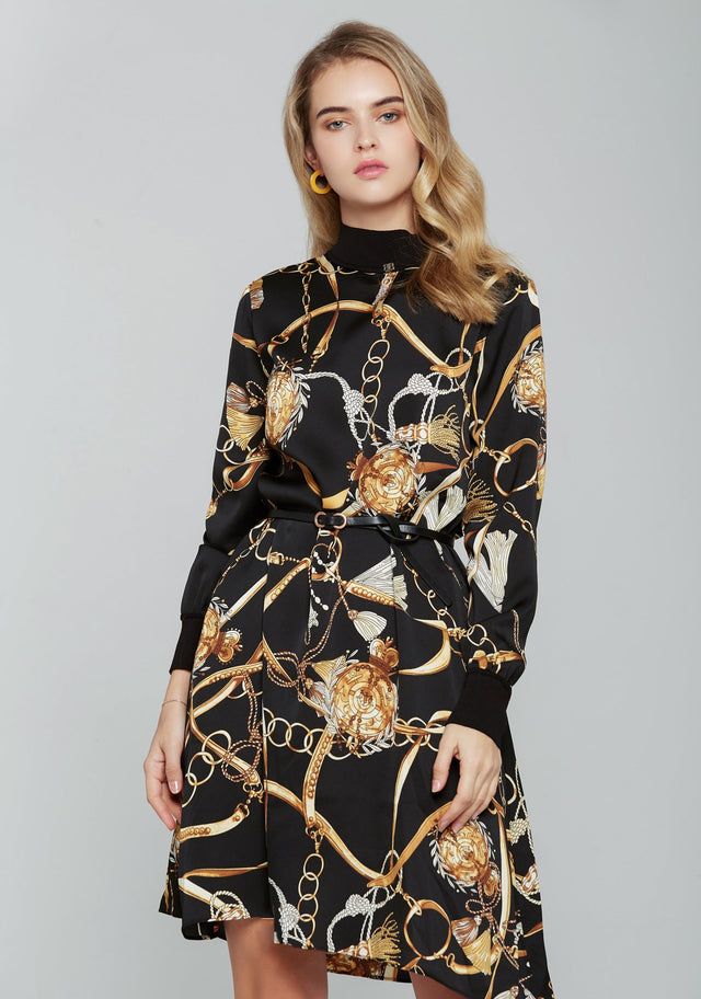 Black Gold and Silver Royal Print Long Top with Belt - ownthelooks-Development