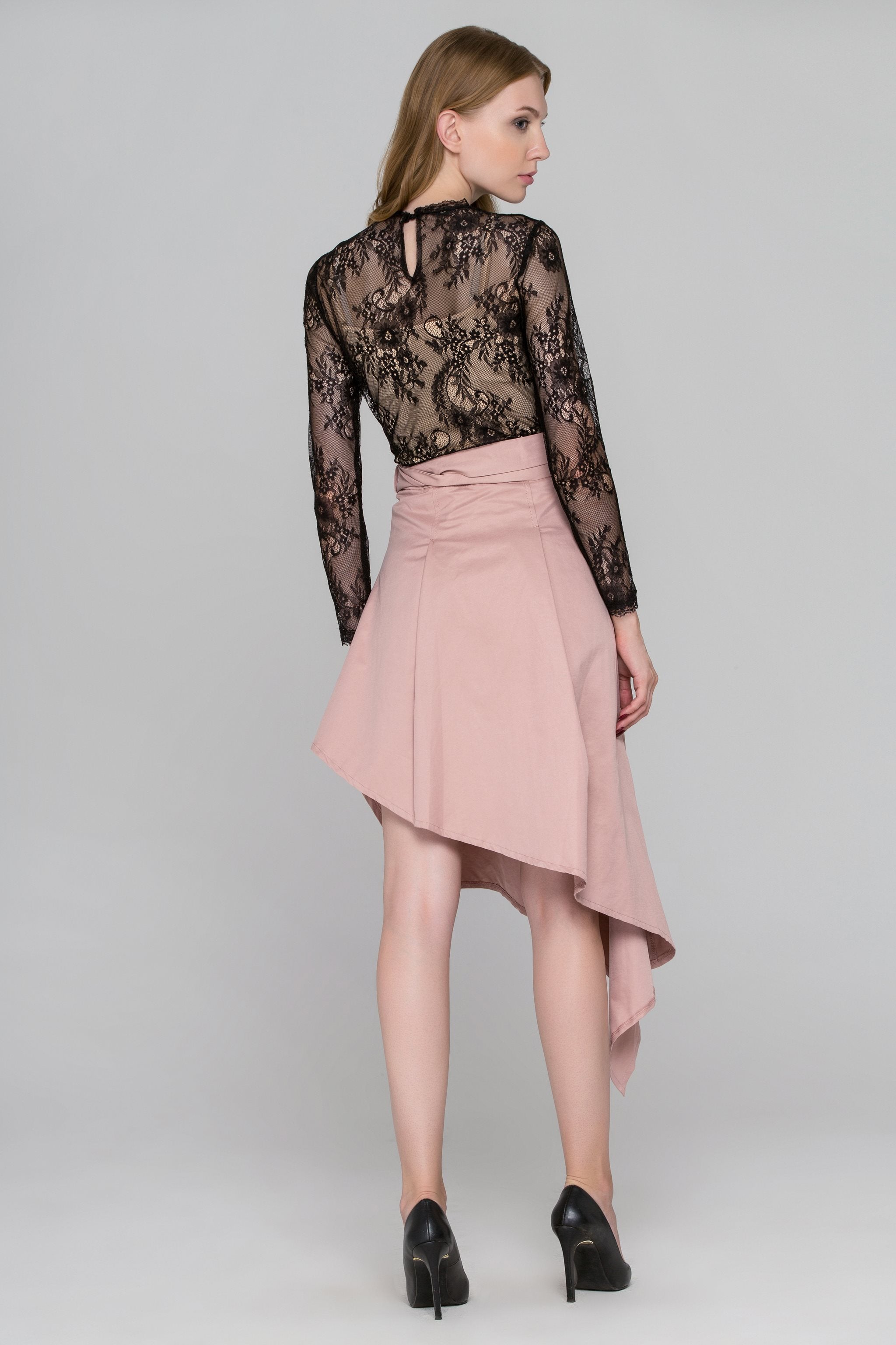 Black Lace Blush Asymmetric Skirt Dress Set - ownthelooks-Development