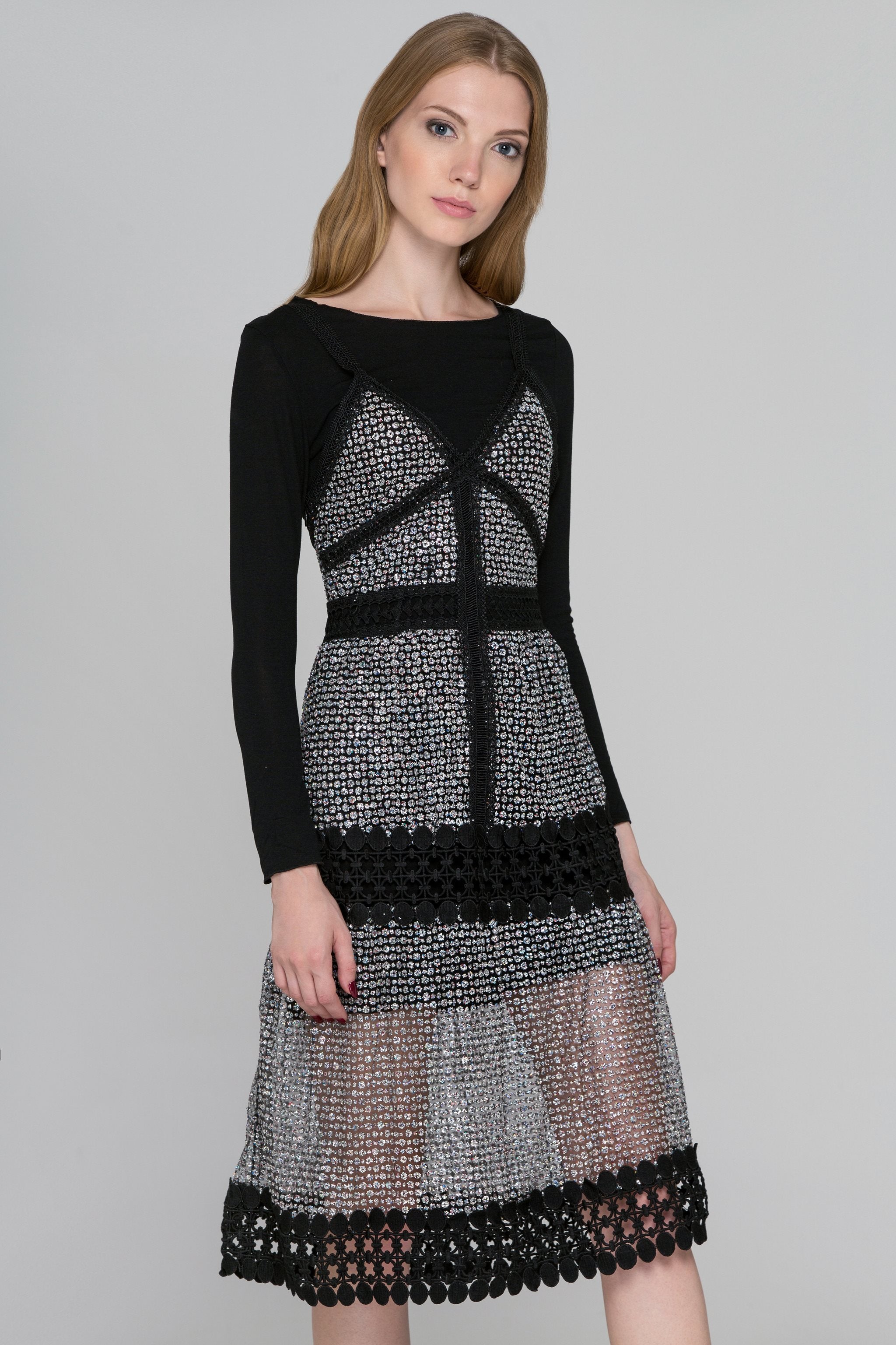 Black Lace Glittered Two-Piece Dress - ownthelooks-Development