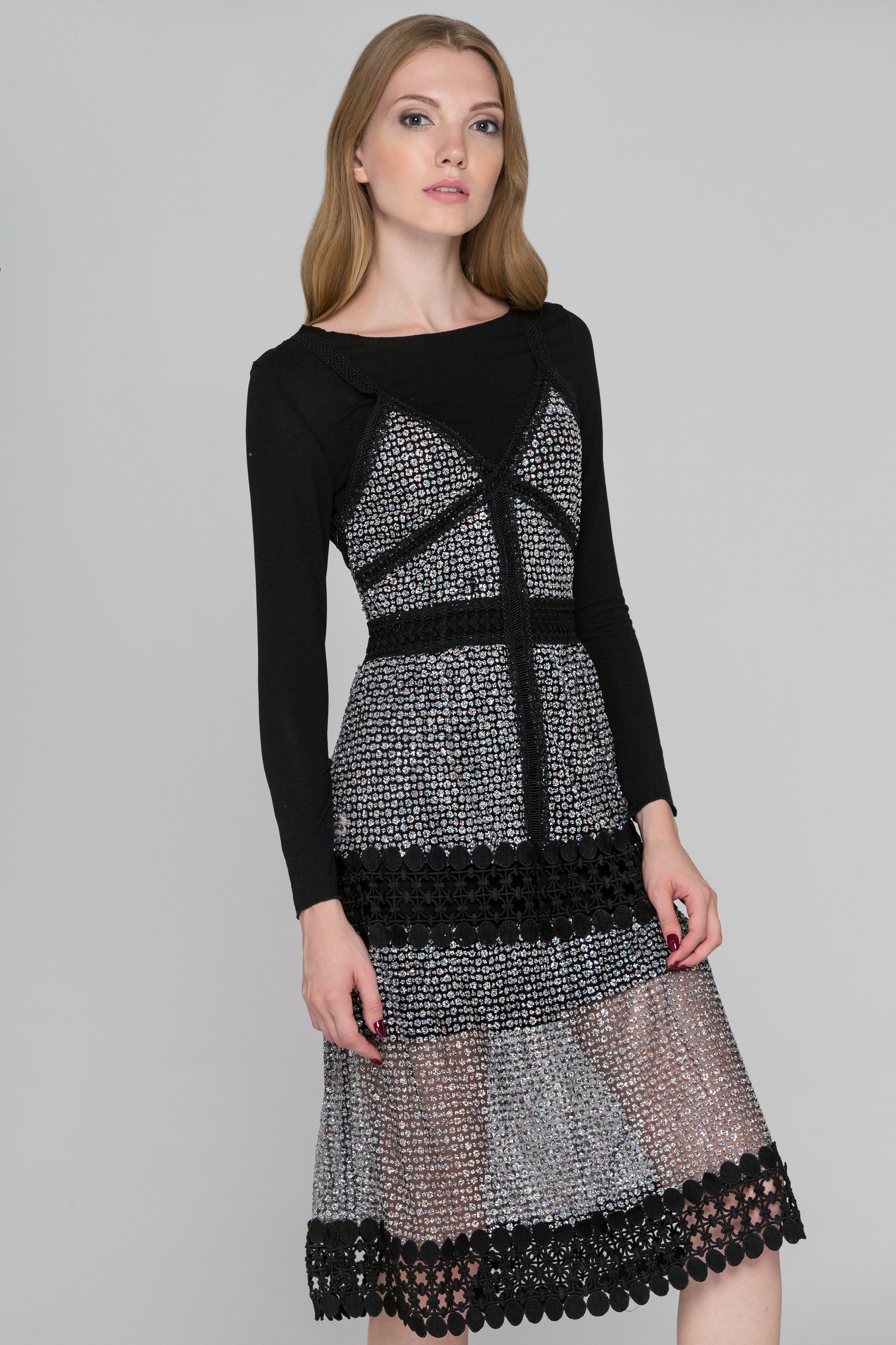 Black Lace Glittered Two-Piece Dress - ownthelooks-Development