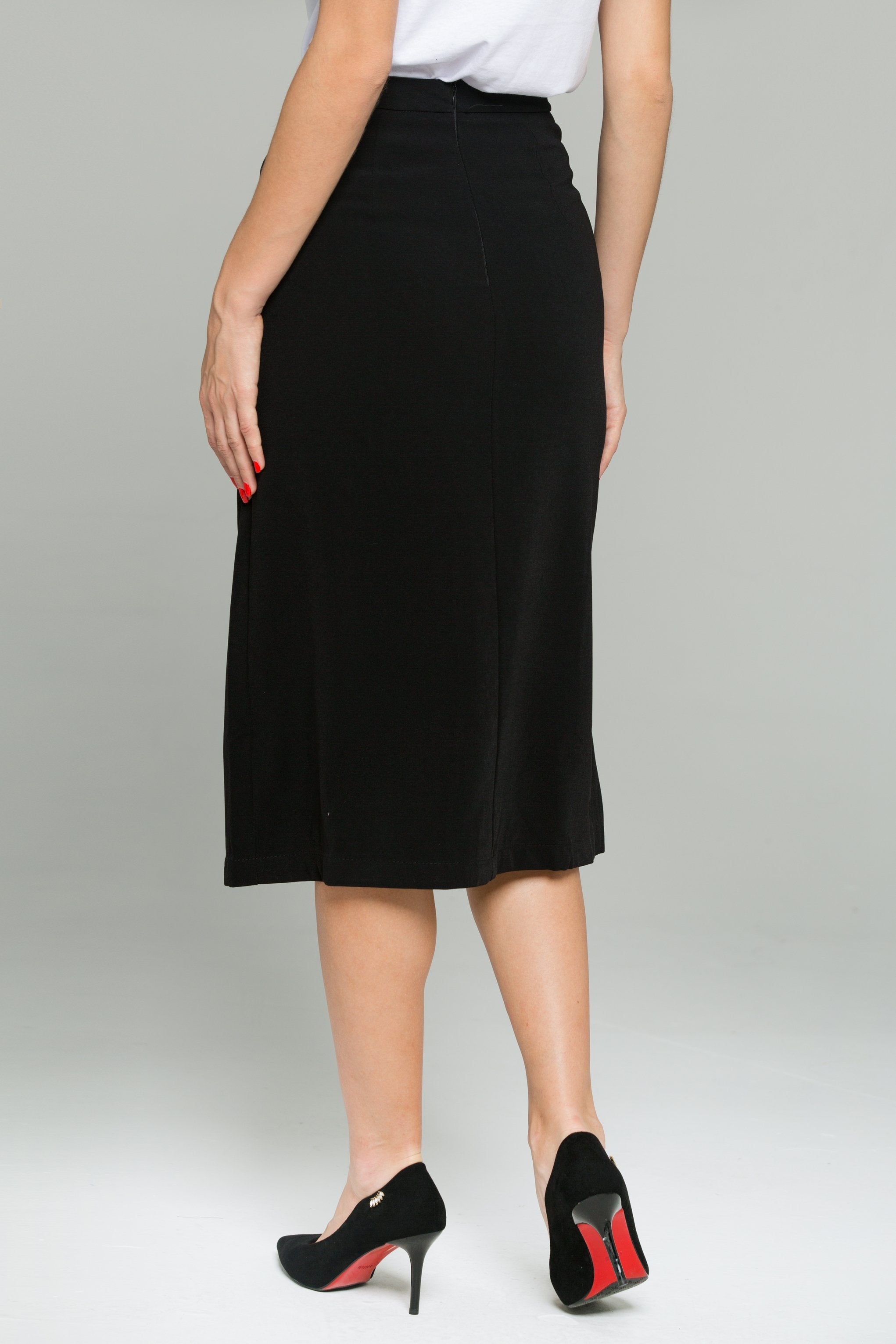 Black Linen Front Side Slit Pencil Skirt - ownthelooks-Development