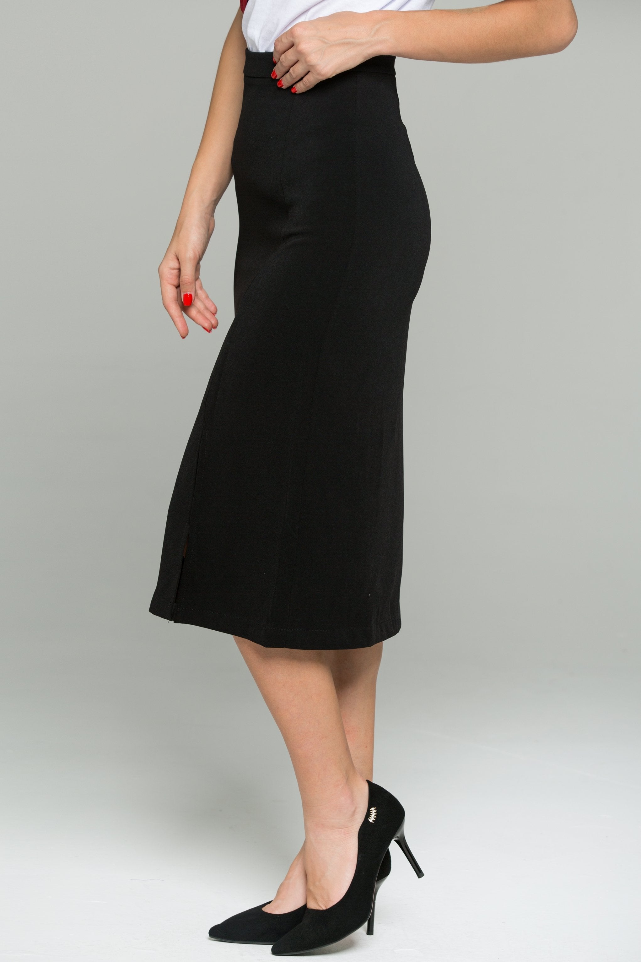 Black Linen Front Side Slit Pencil Skirt - ownthelooks-Development