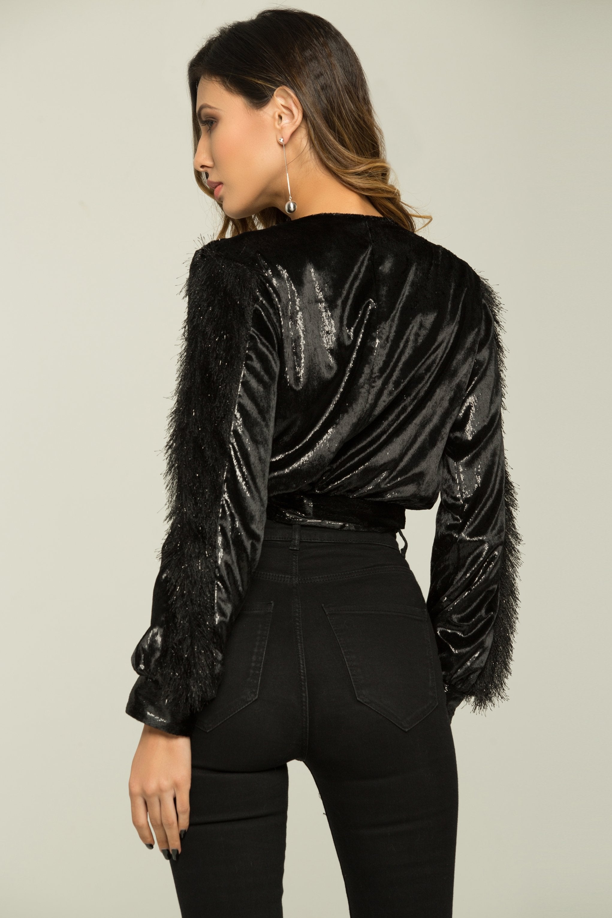 Black Lustre V-neck Fringe Sleeves Shimmer Top - ownthelooks-Development