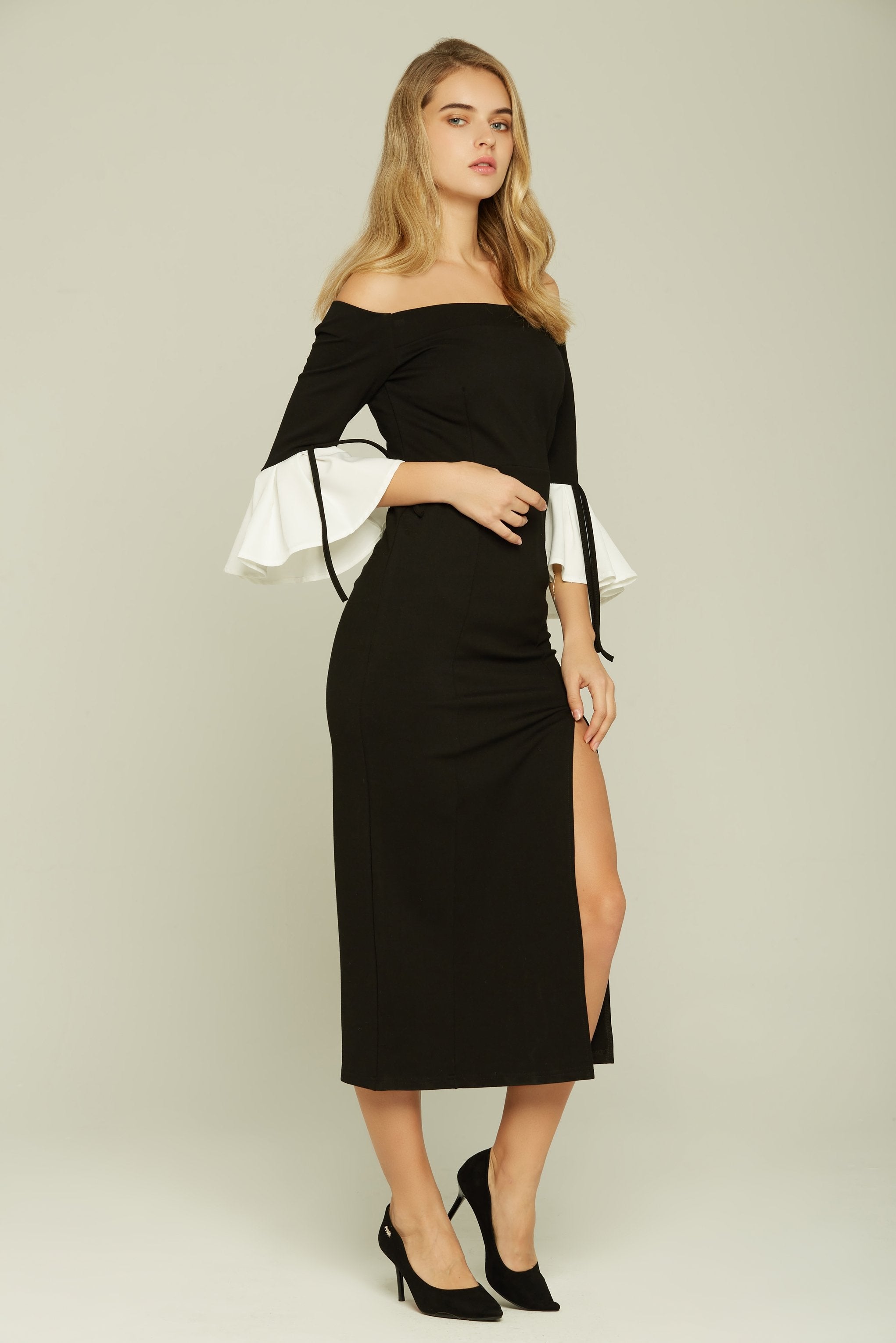 Black Off the Shoulder Bell Sleeves Slit Dress - ownthelooks-Development