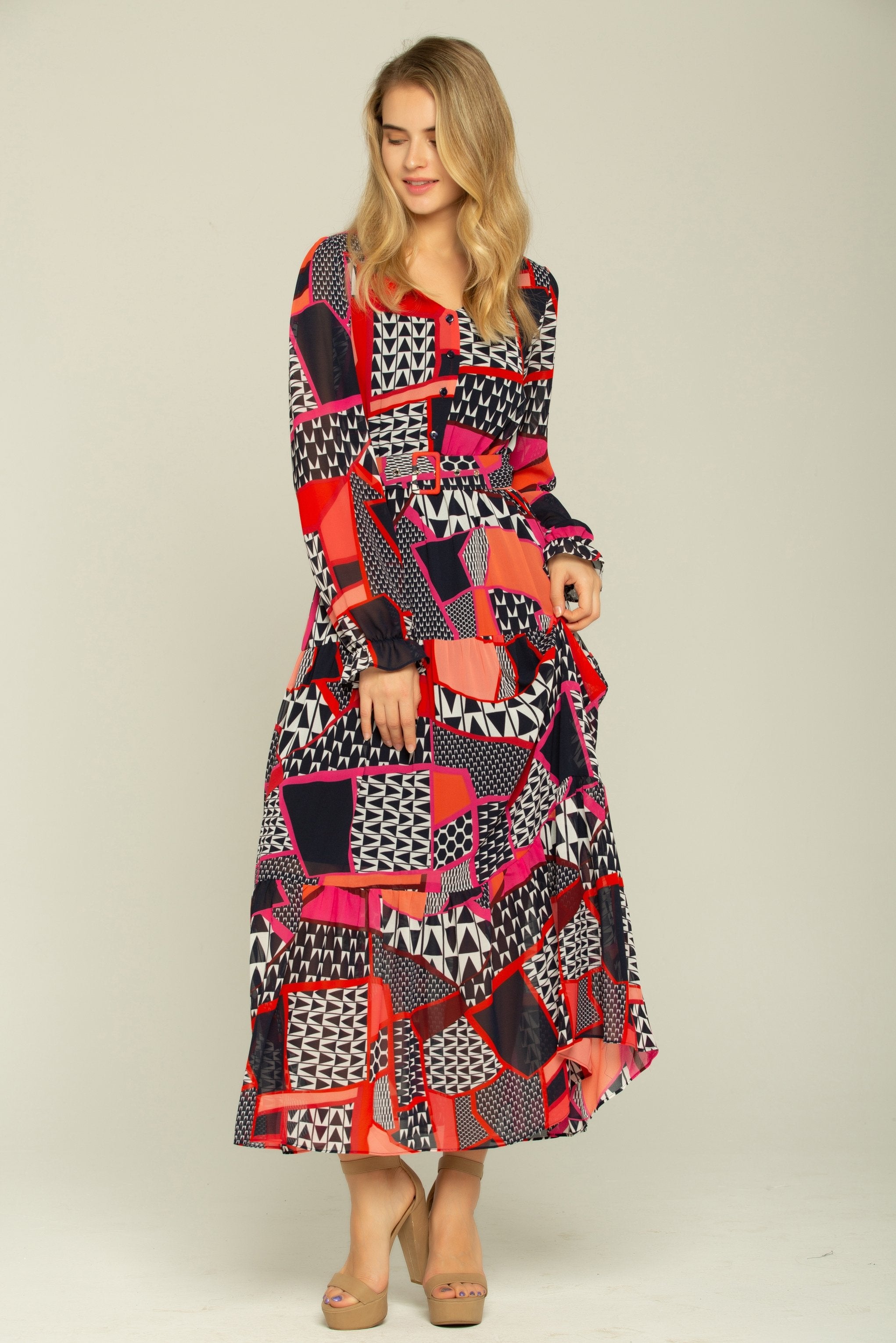 Black Orange Red Mixed Prints Maxi Dress - ownthelooks-Development