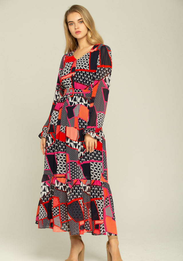 Black Orange Red Mixed Prints Maxi Dress - ownthelooks-Development