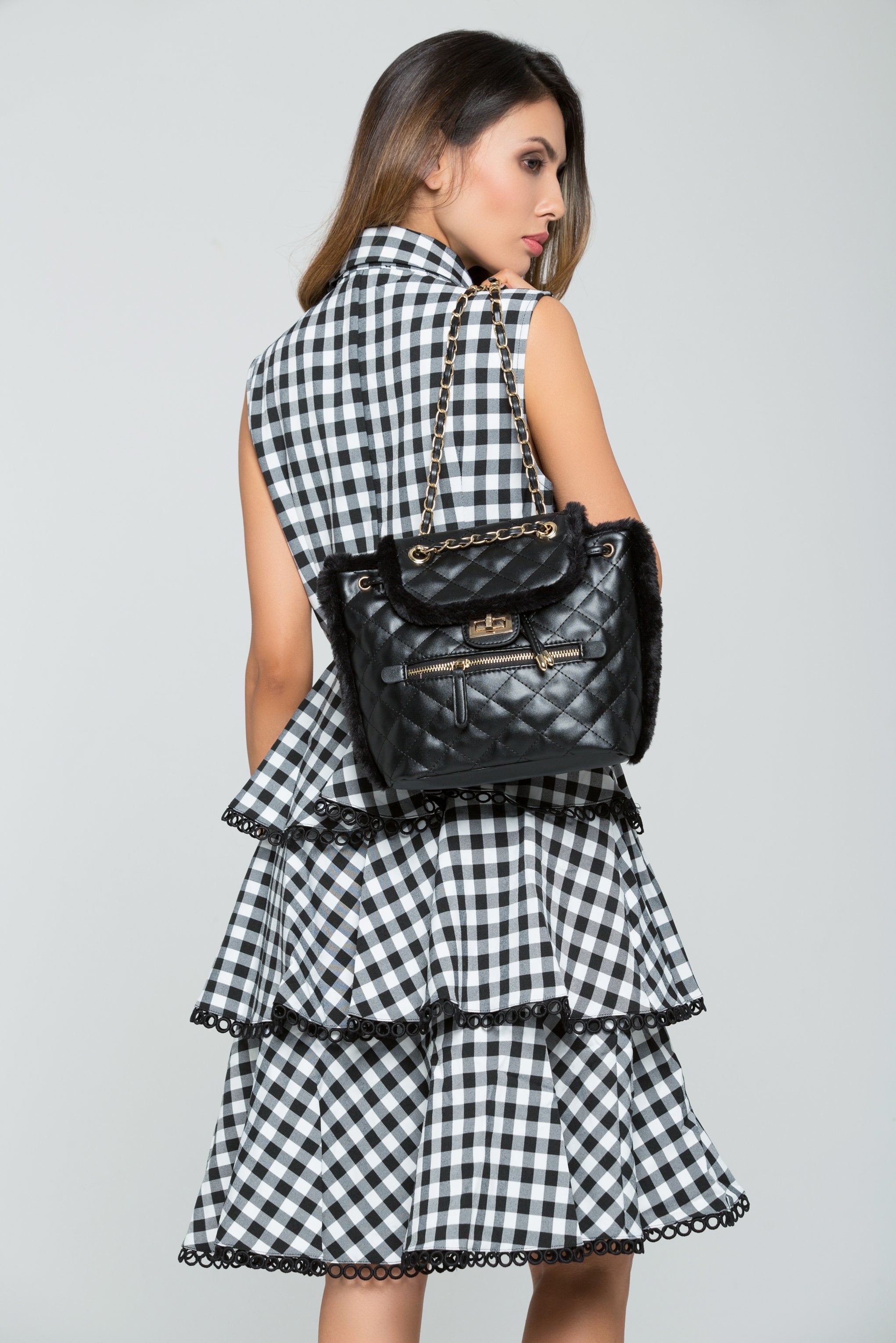 Black Quilted and Fringe Trim Backpack - ownthelooks-Development