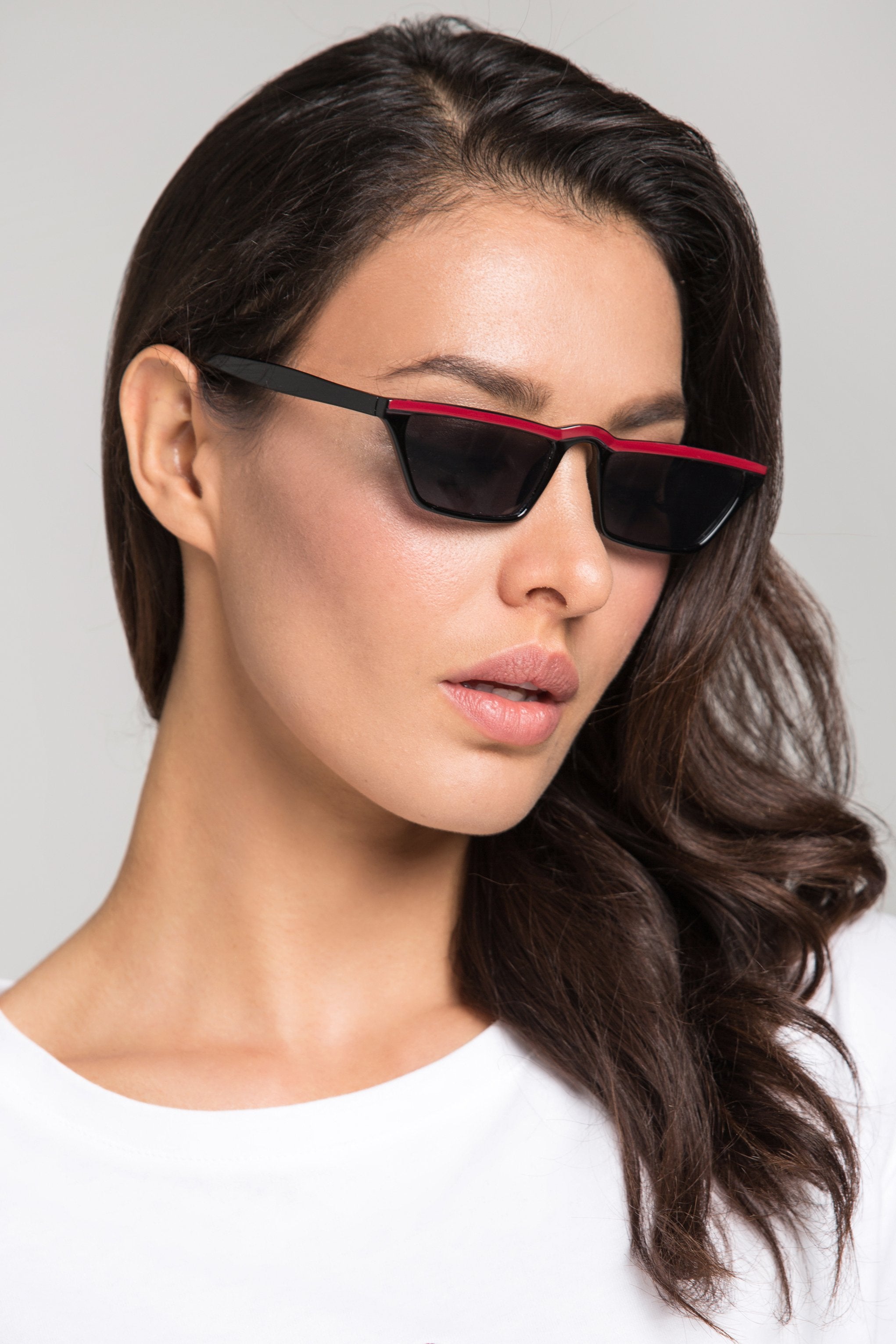 Black Red Top Slim Rectangle Sunglasses - ownthelooks-Development