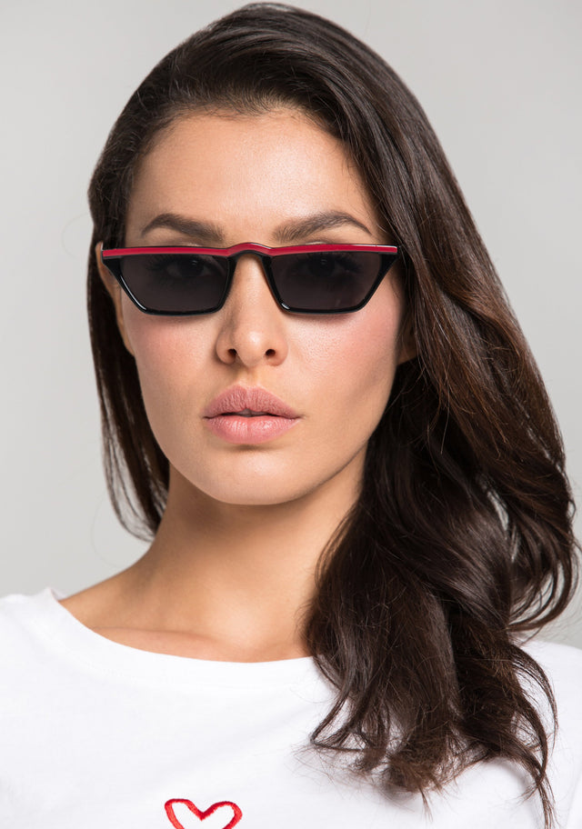 Black Red Top Slim Rectangle Sunglasses - ownthelooks-Development