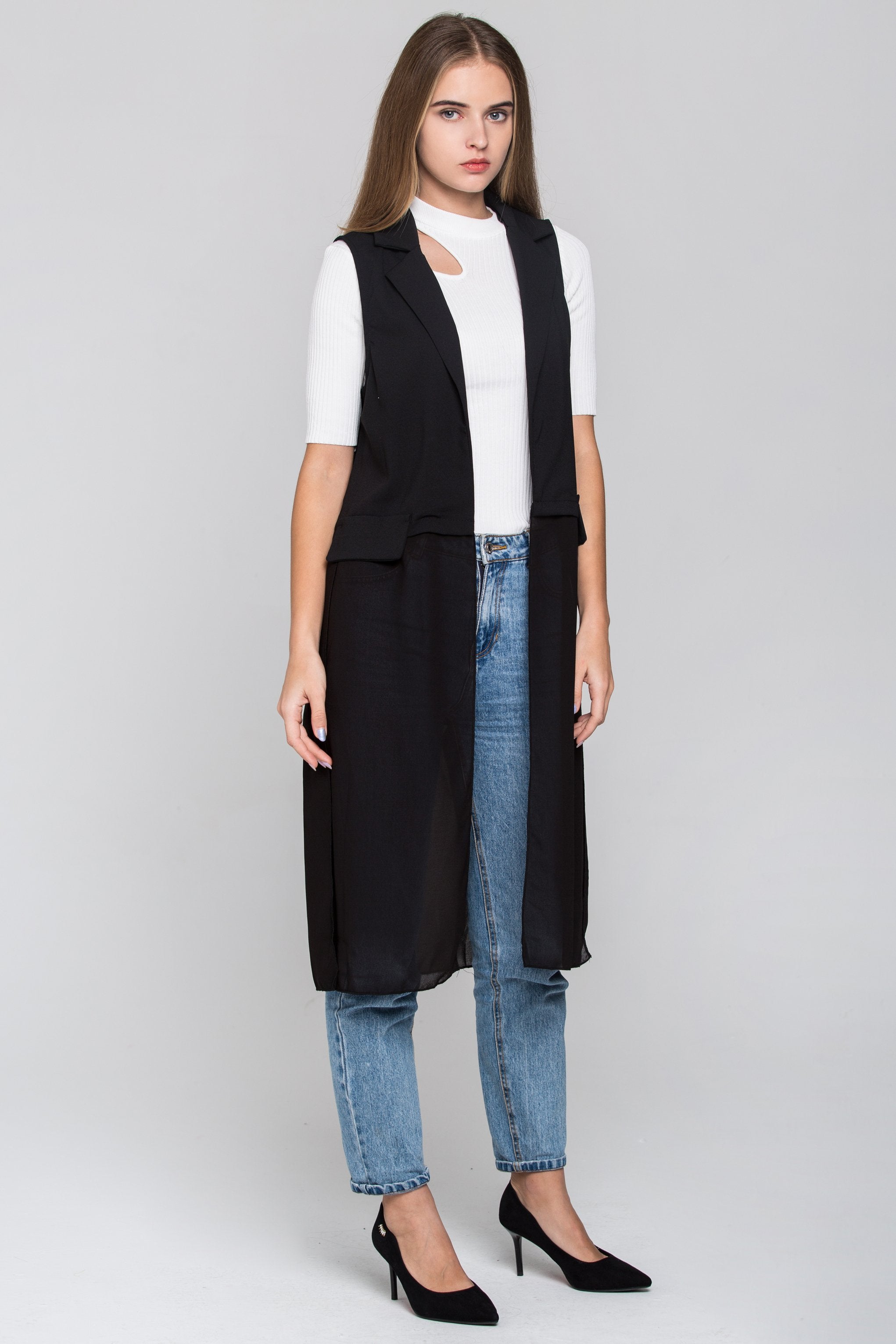 Black Sheer Hem Long Vest - ownthelooks-Development
