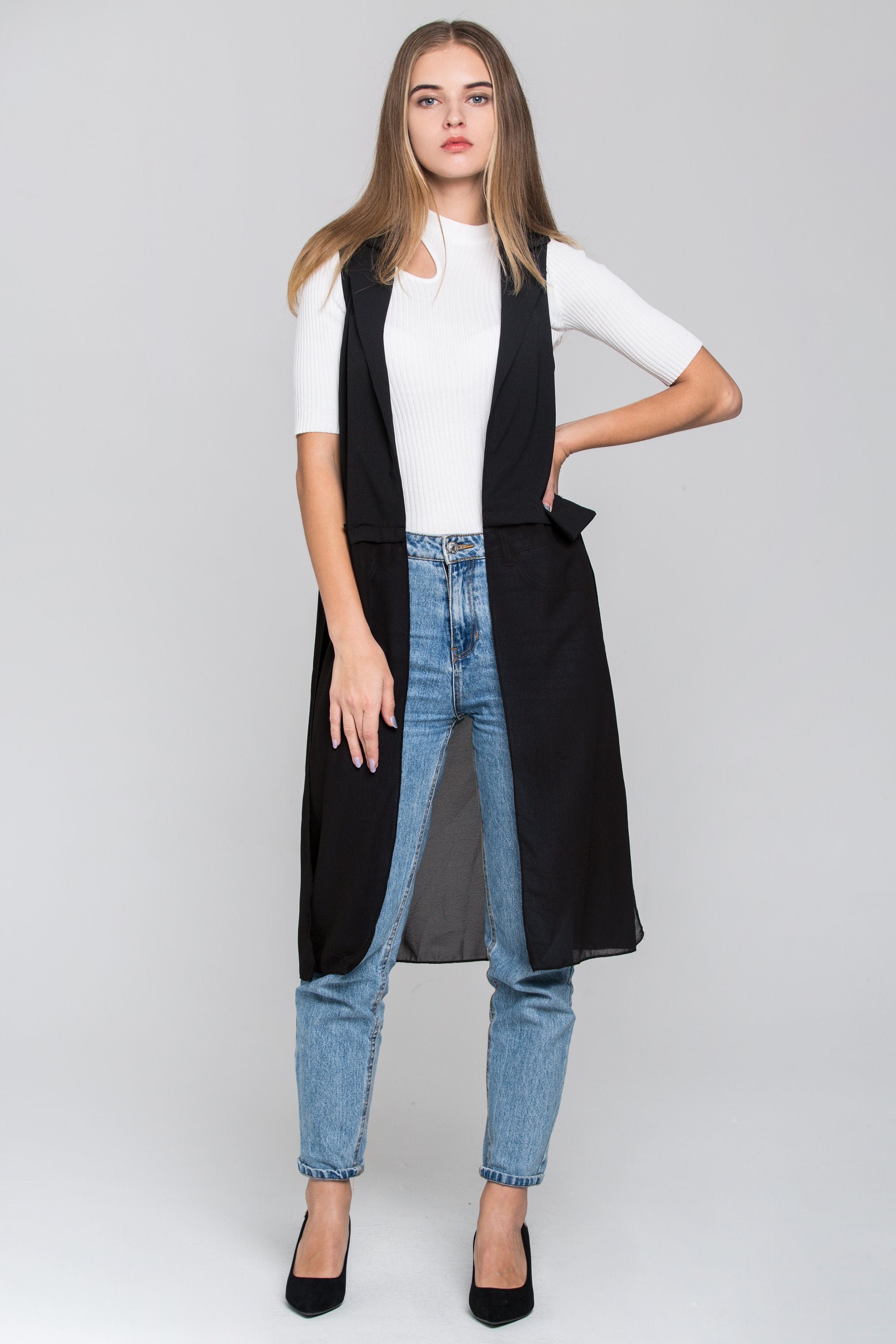 Black Sheer Hem Long Vest - ownthelooks-Development