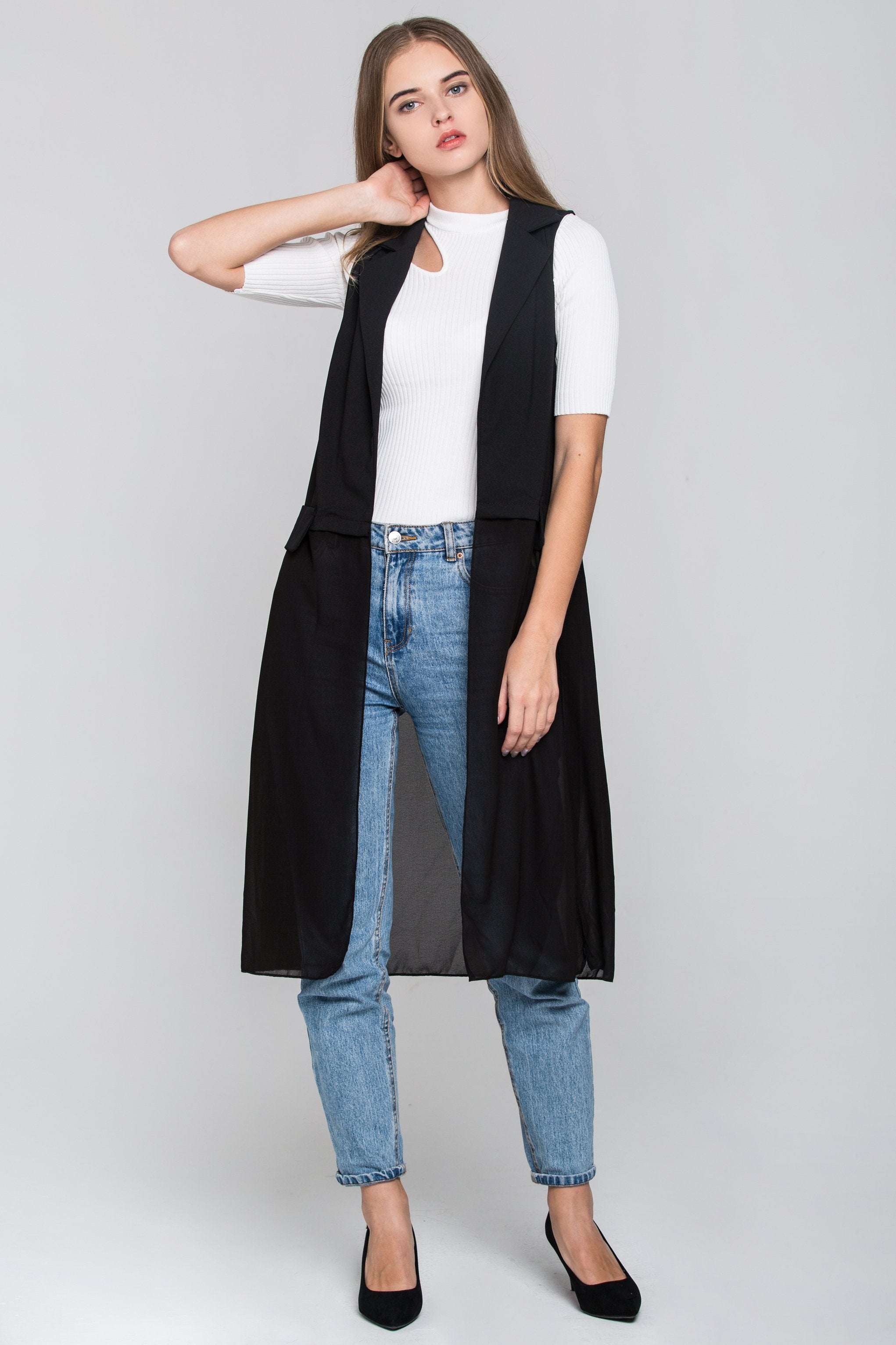 Black Sheer Hem Long Vest - ownthelooks-Development