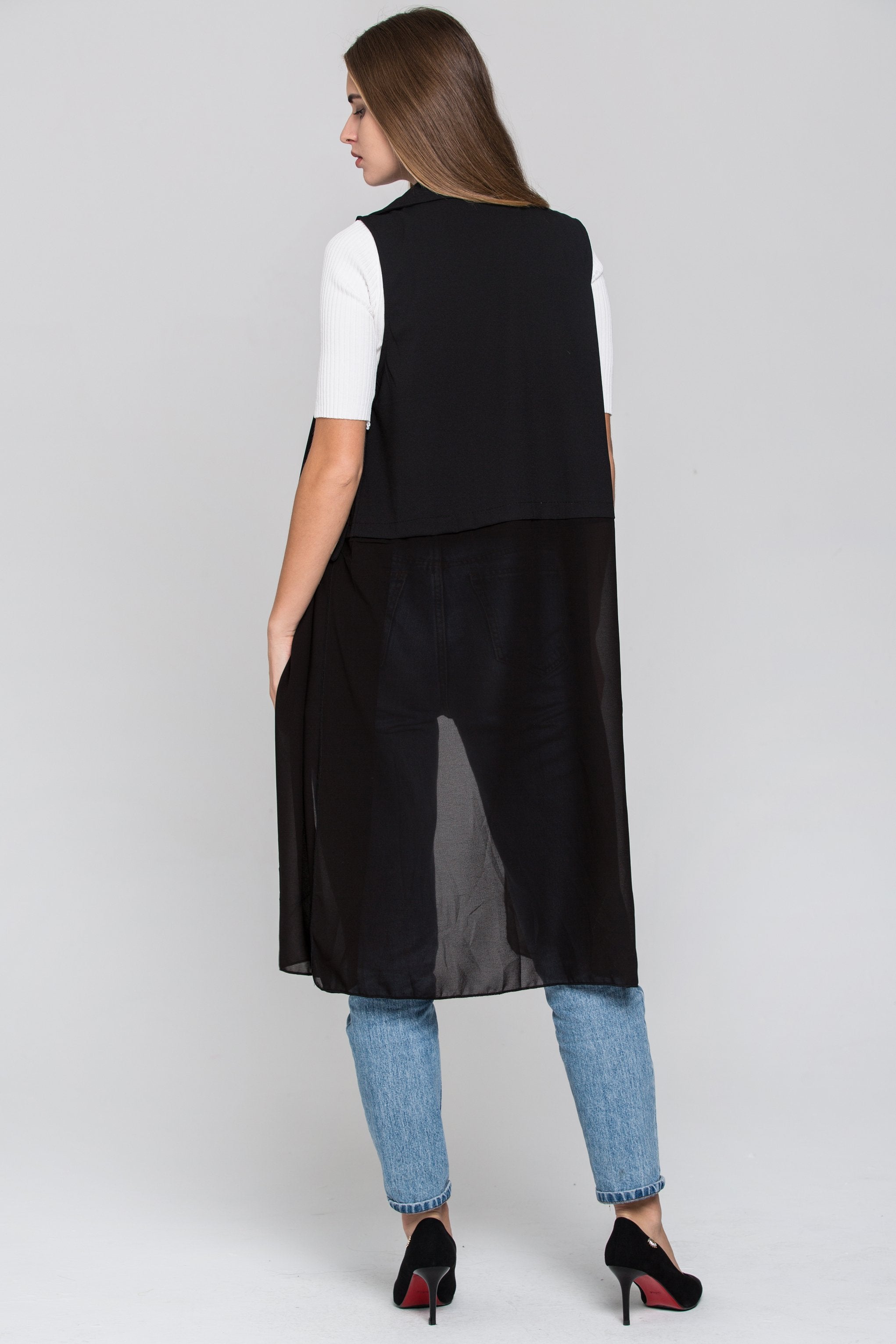 Black Sheer Hem Long Vest - ownthelooks-Development