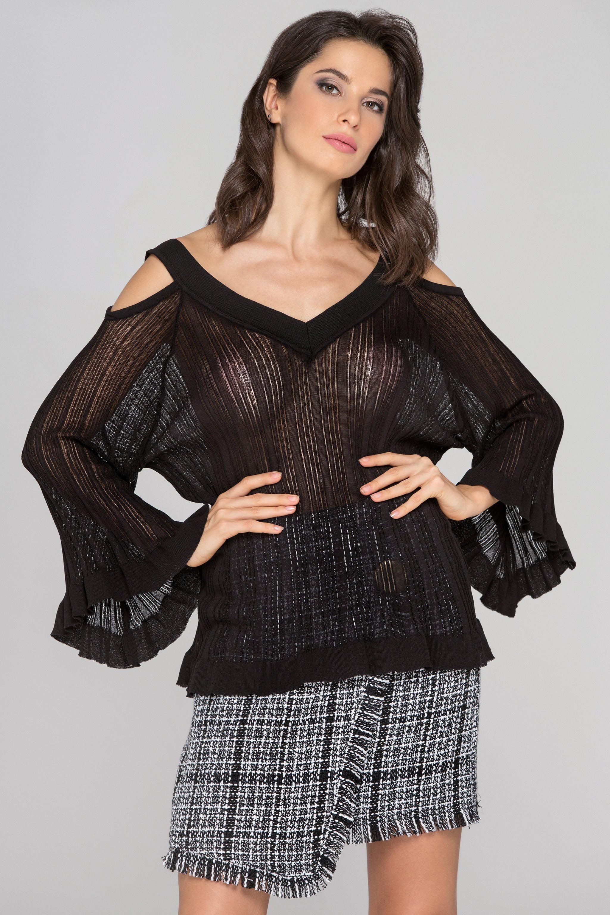 Black Sheer Knit Flare Sleeve Cold Shoulder Top - ownthelooks-Development