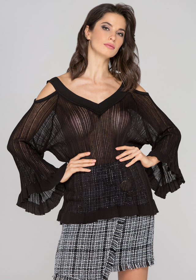 Black Sheer Knit Flare Sleeve Cold Shoulder Top - ownthelooks-Development