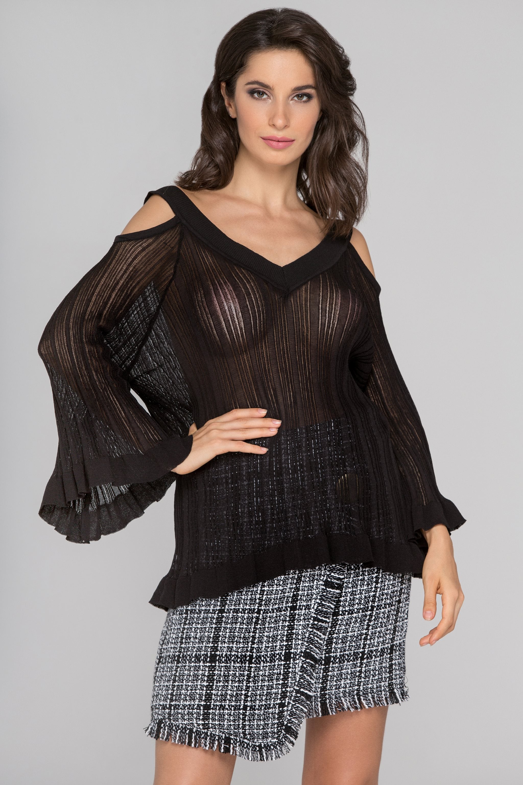 Black Sheer Knit Flare Sleeve Cold Shoulder Top - ownthelooks-Development