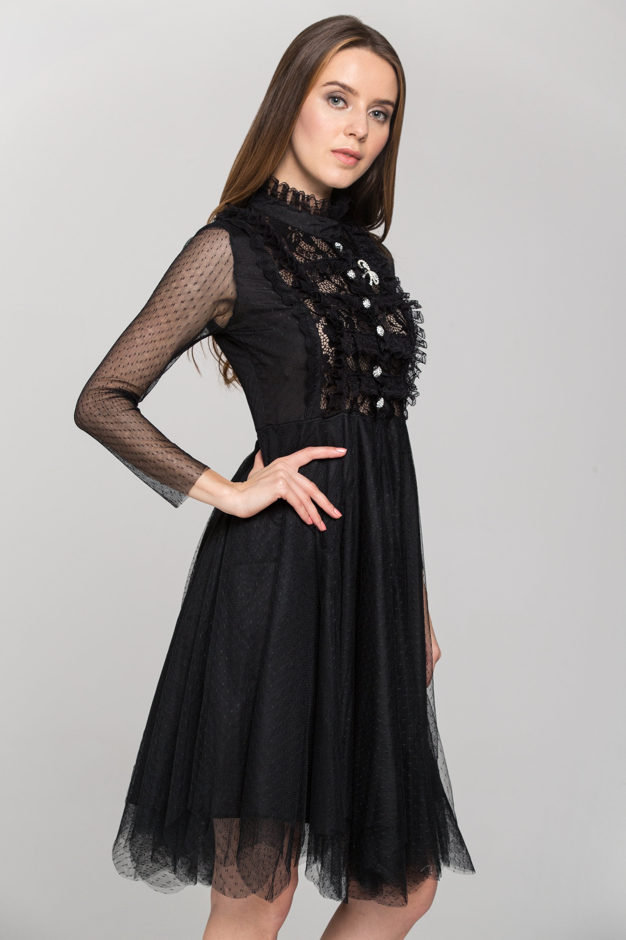 Black Sheer Sleeved Lace Bib Midi Dress - ownthelooks-Development