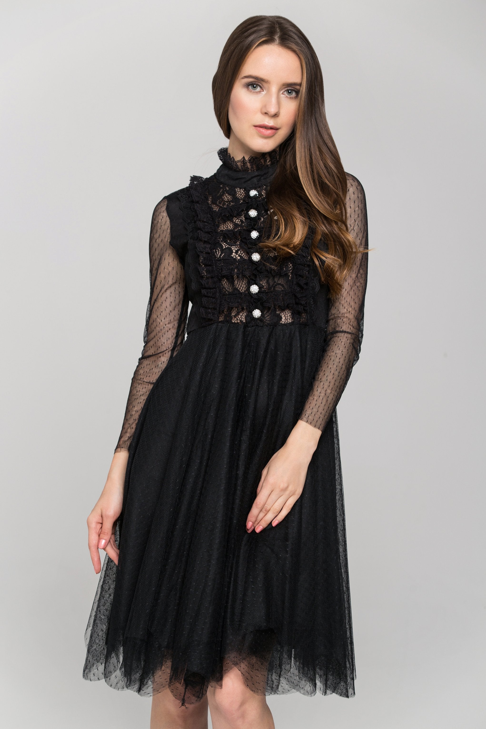 Black Sheer Sleeved Lace Bib Midi Dress - ownthelooks-Development