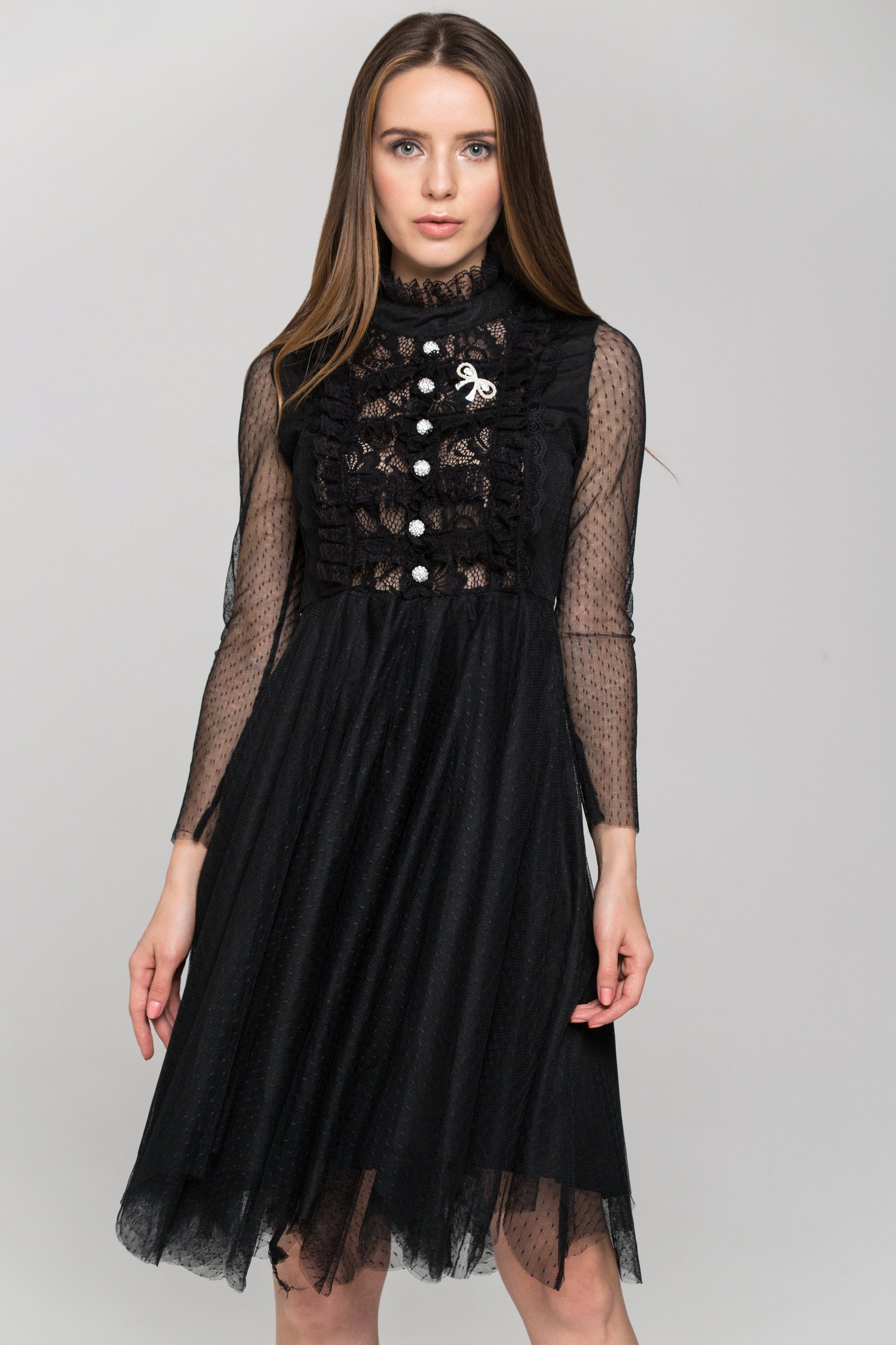 Black Sheer Sleeved Lace Bib Midi Dress - ownthelooks-Development