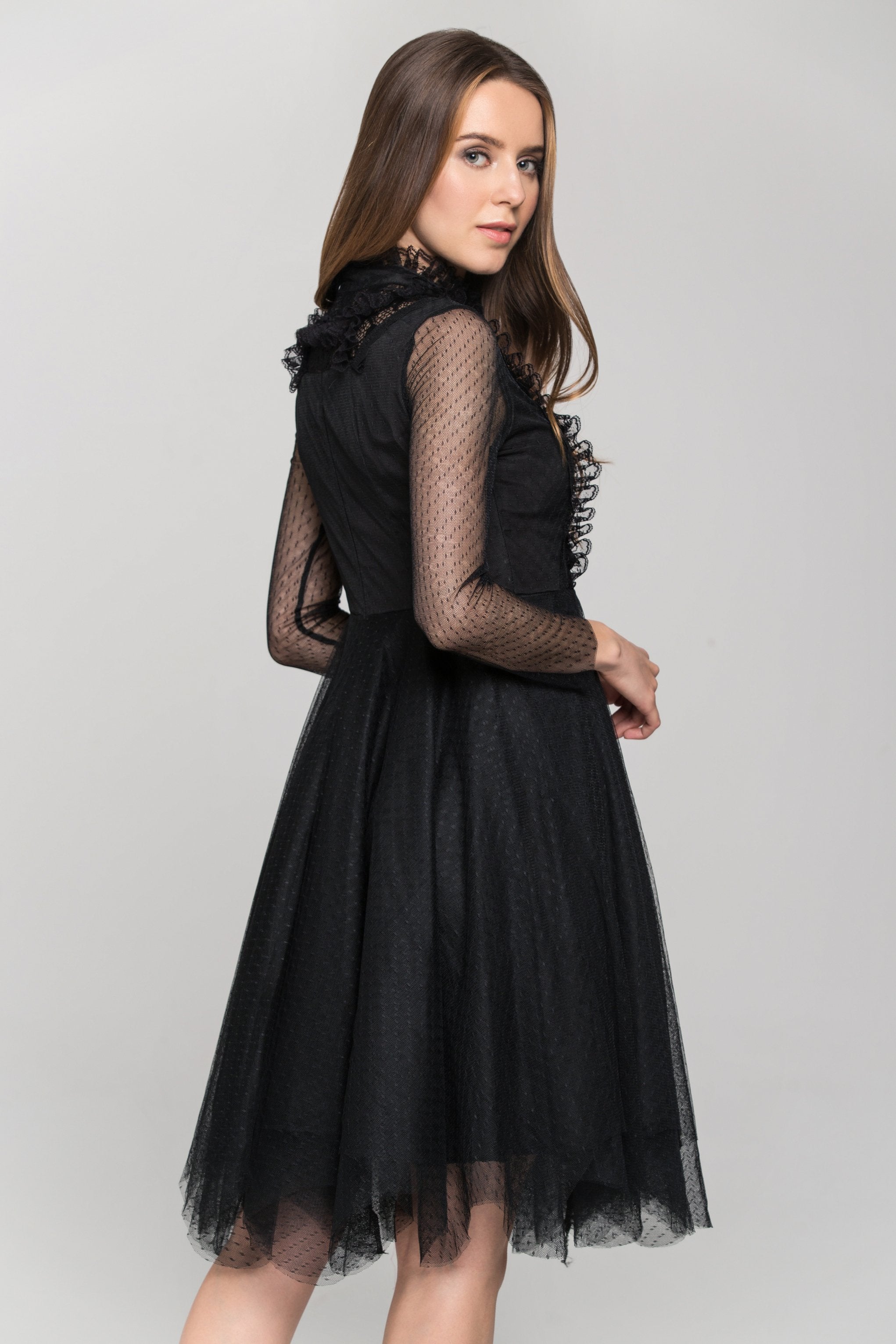 Black Sheer Sleeved Lace Bib Midi Dress - ownthelooks-Development