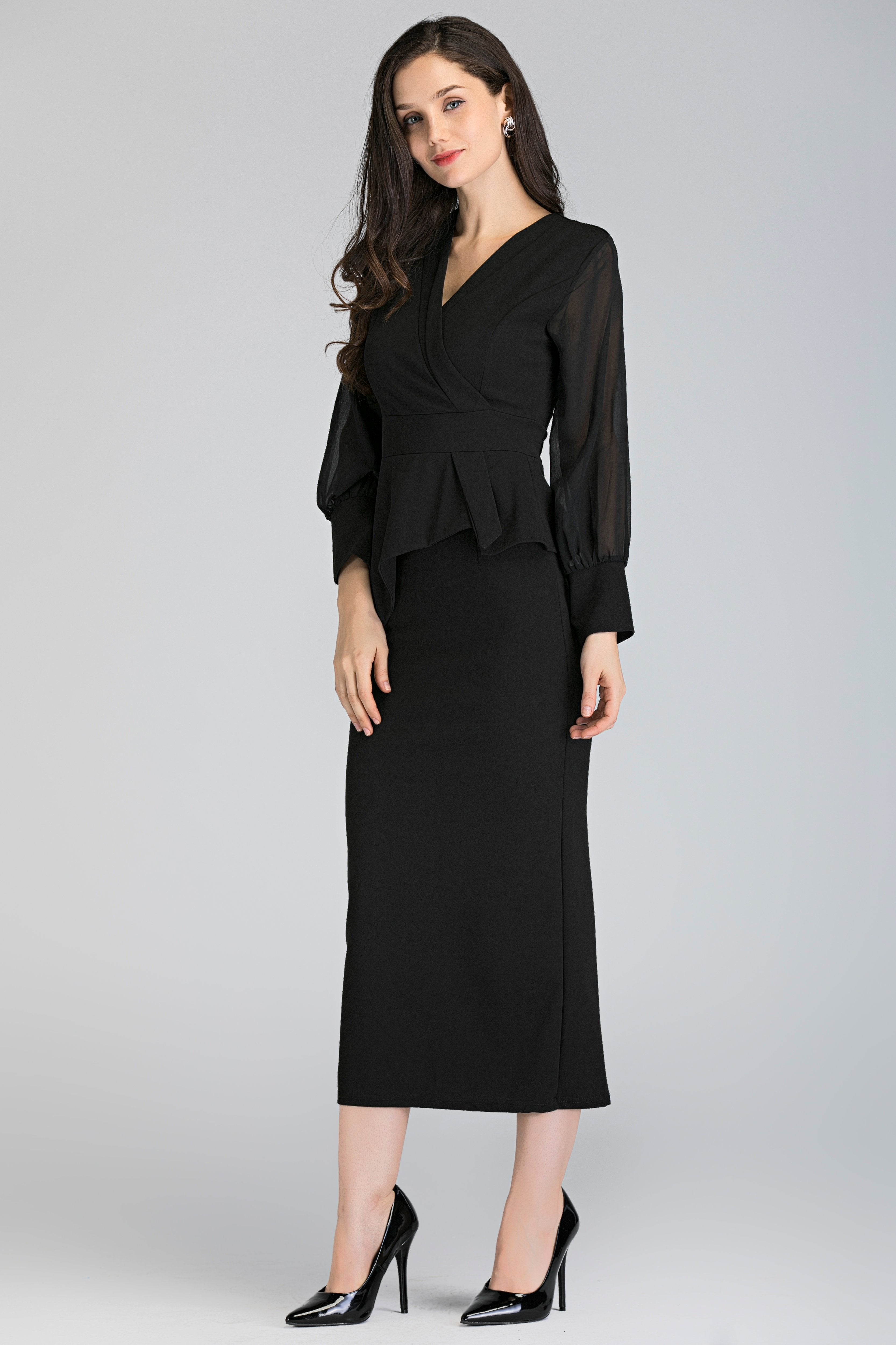 Black Sheer Sleeved Wrap Peplum Maxi Dress - ownthelooks-Development