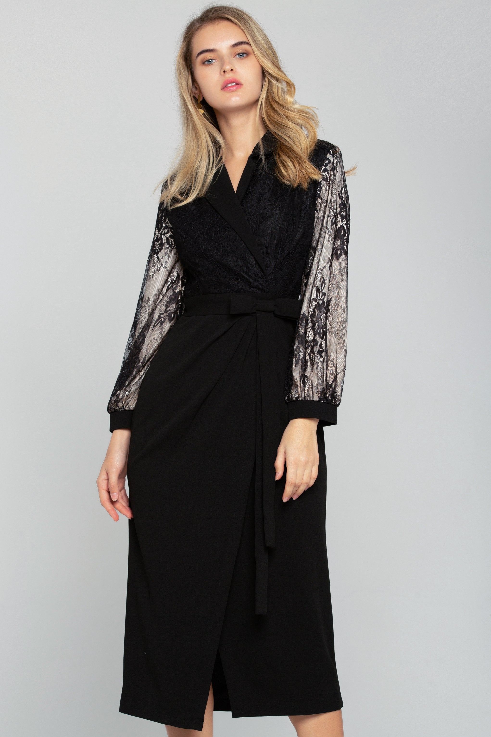 Black Sheer Sleeves Tie-up Blazer Dress - ownthelooks-Development