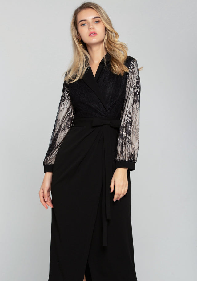 Black Sheer Sleeves Tie-up Blazer Dress - ownthelooks-Development