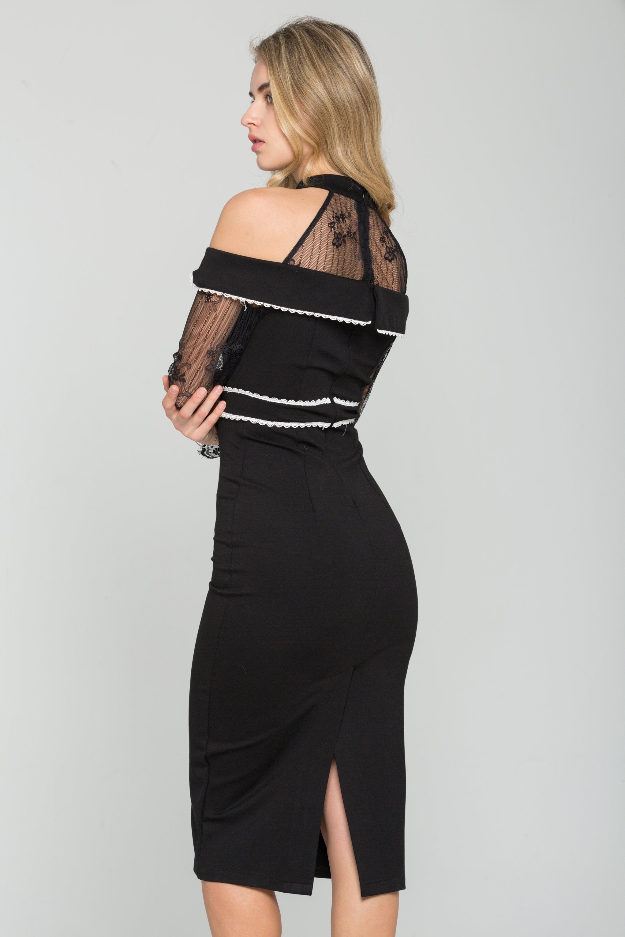 Black Sheer Sleeves White Embroidered Midi Dress - ownthelooks-Development