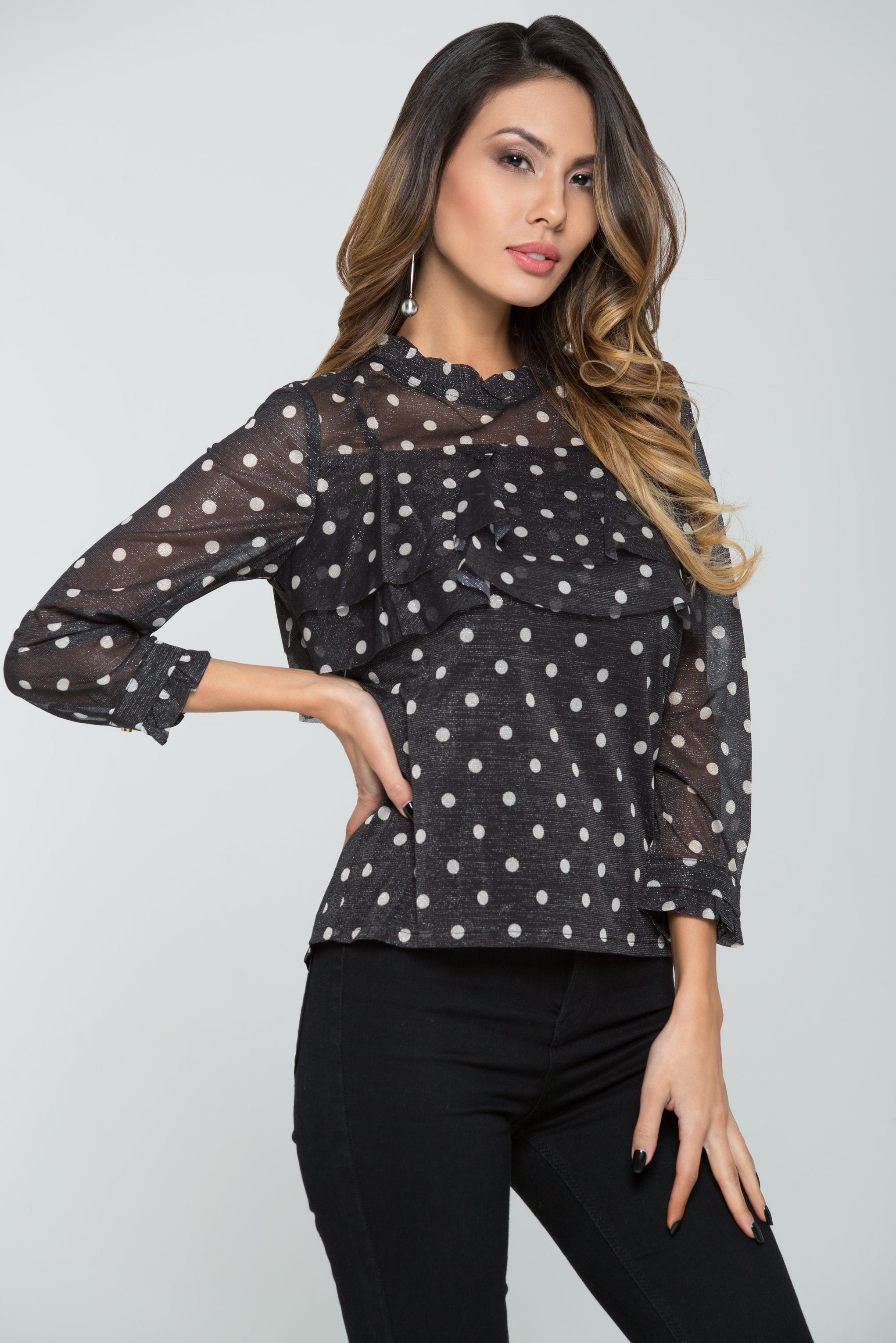 Black Shimmer Polka dots Sheer Top - ownthelooks-Development