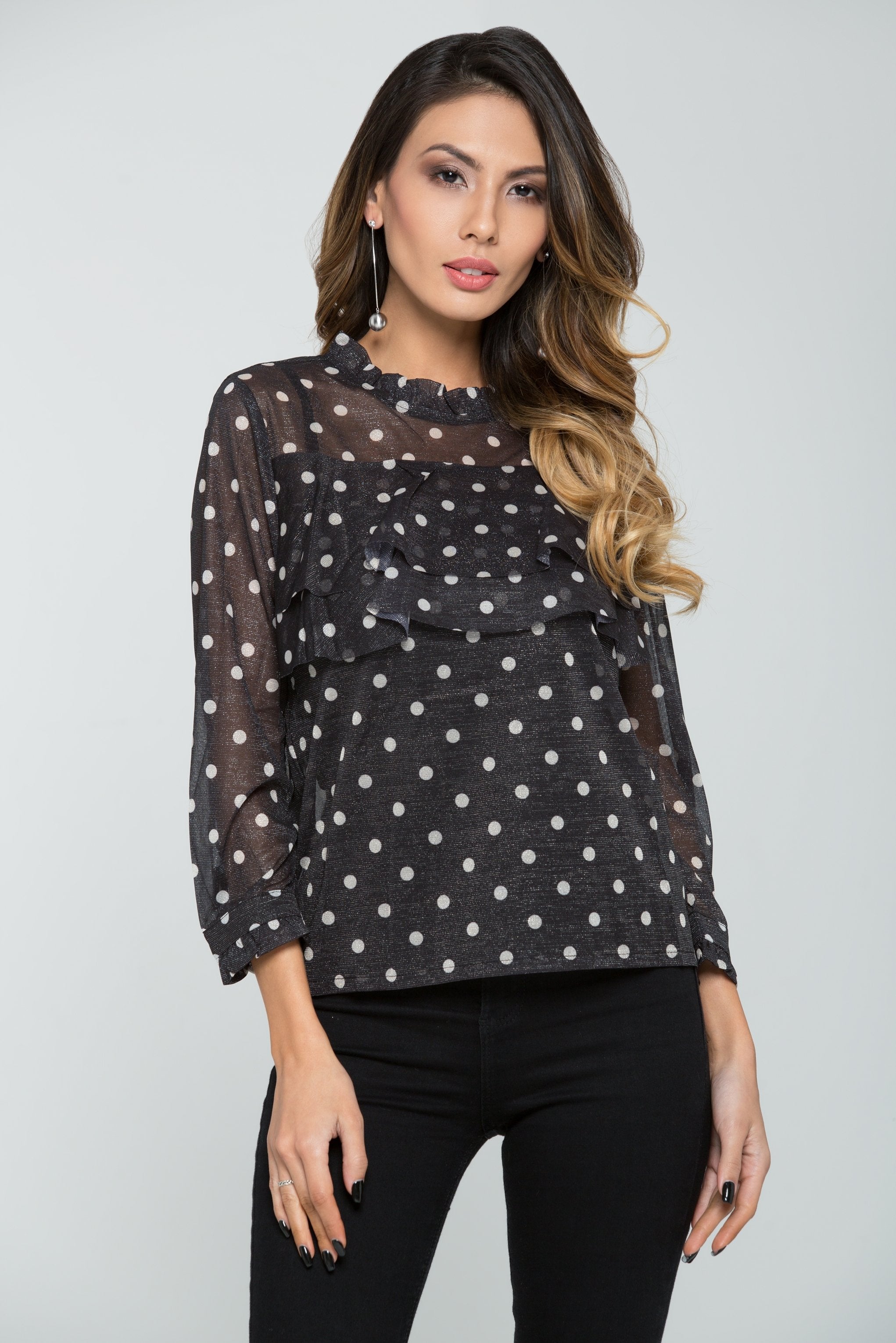 Black Shimmer Polka dots Sheer Top - ownthelooks-Development