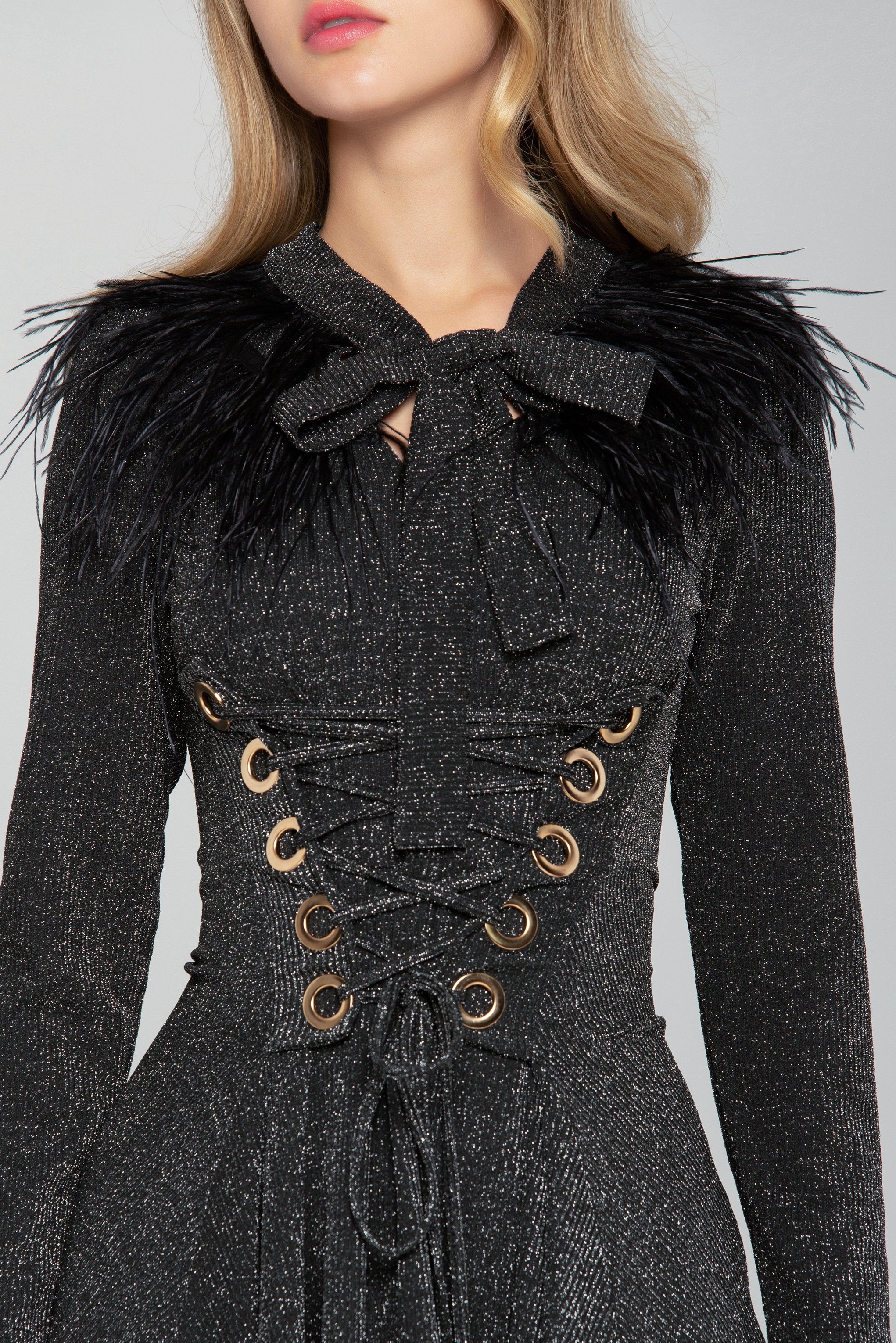 Black Shimmer Tie-up Smocked Waist Midi Dress - ownthelooks-Development