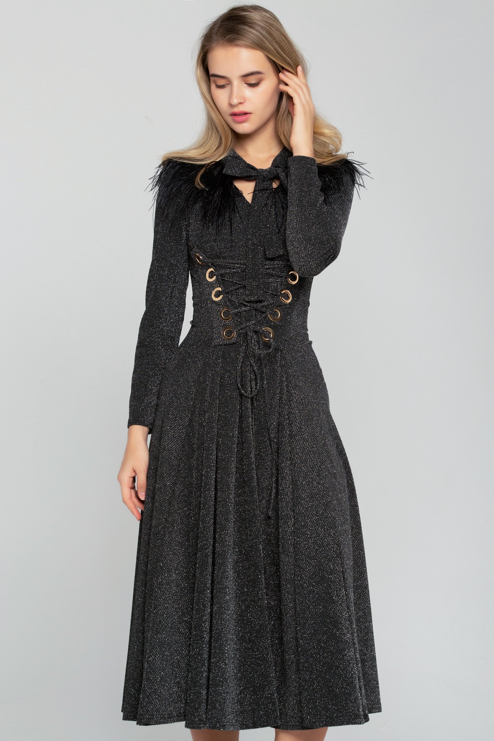 Black Shimmer Tie-up Smocked Waist Midi Dress - ownthelooks-Development