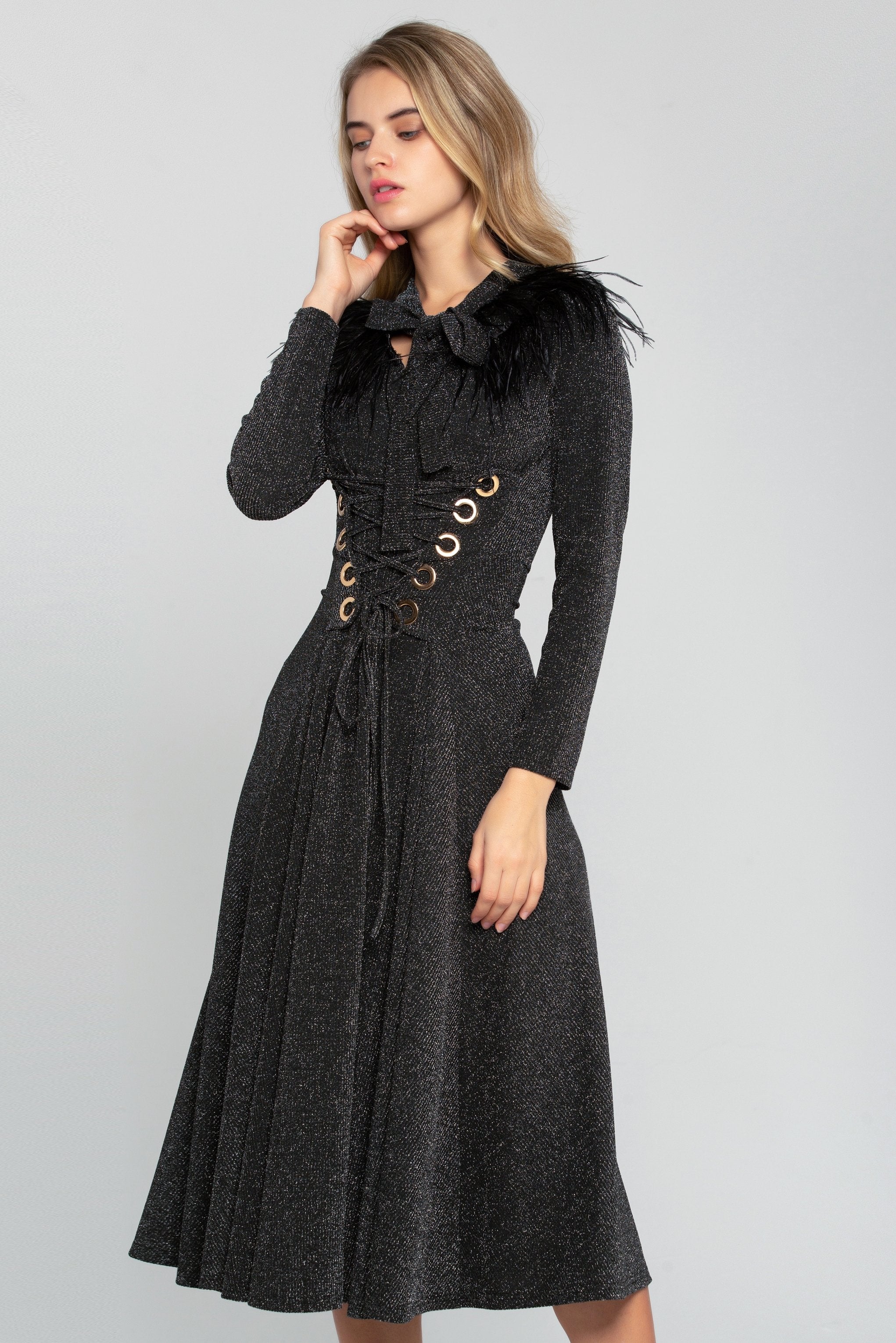 Black Shimmer Tie-up Smocked Waist Midi Dress - ownthelooks-Development