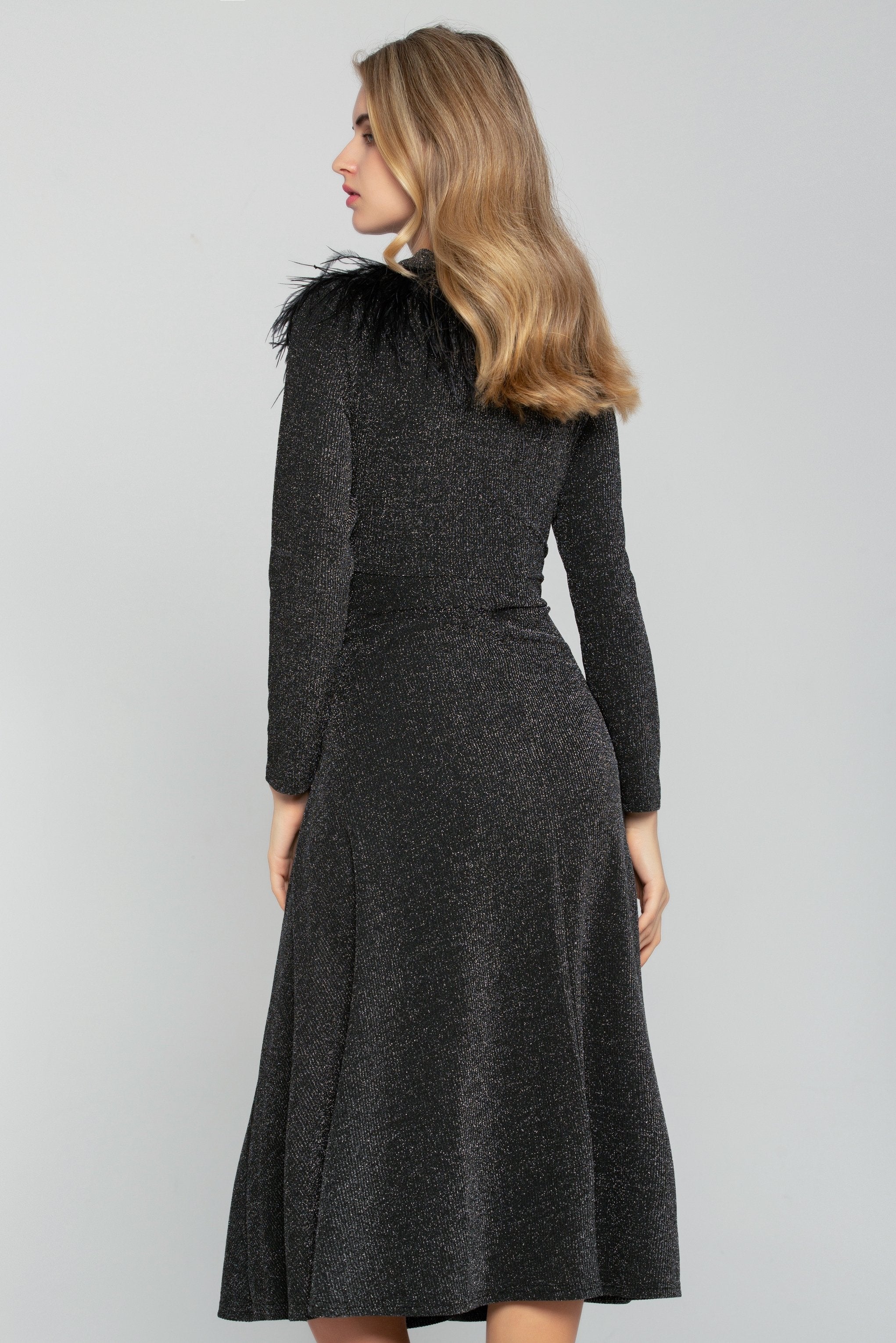 Black Shimmer Tie-up Smocked Waist Midi Dress - ownthelooks-Development